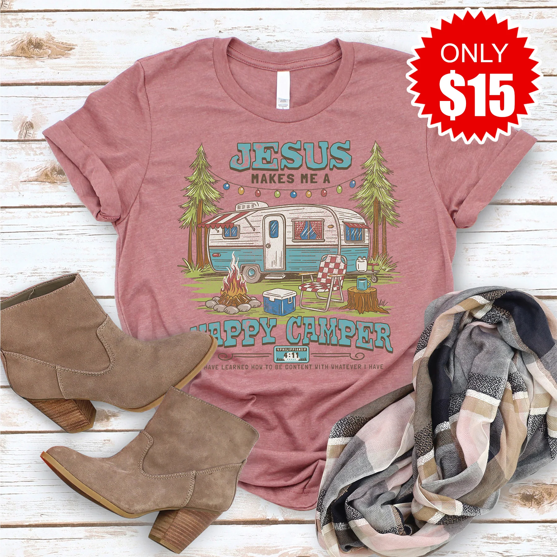 Happy Camper Tee - Heather Mauve - 15