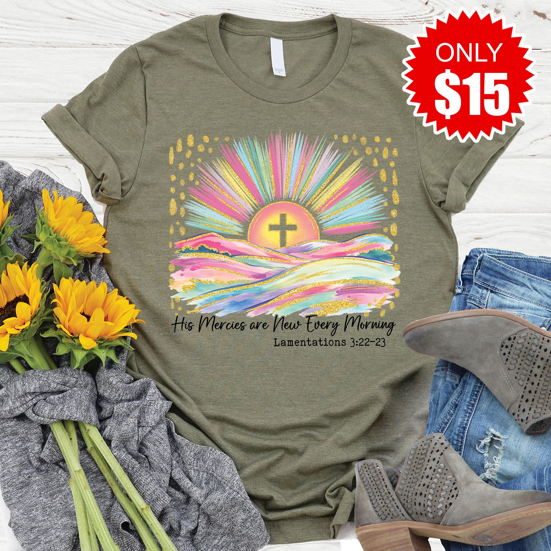 His Mercies Tee - Heather Olive - 15