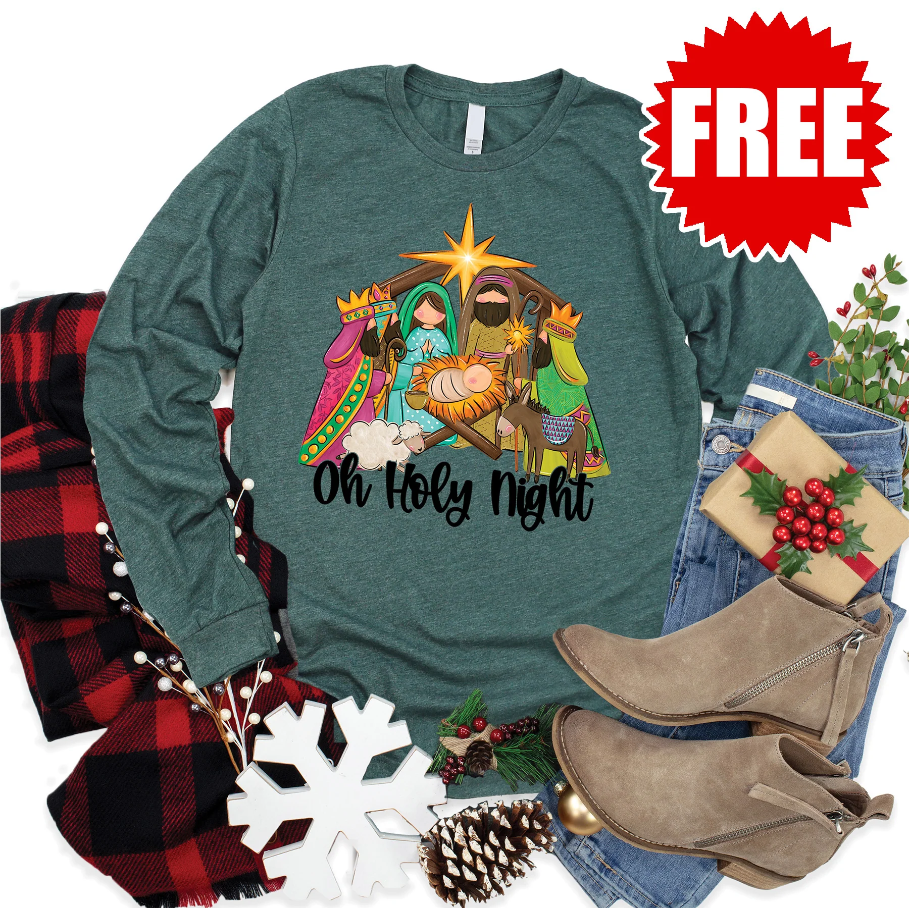 Holy Night Nativity Long Sleeve - Heather Forest - 0