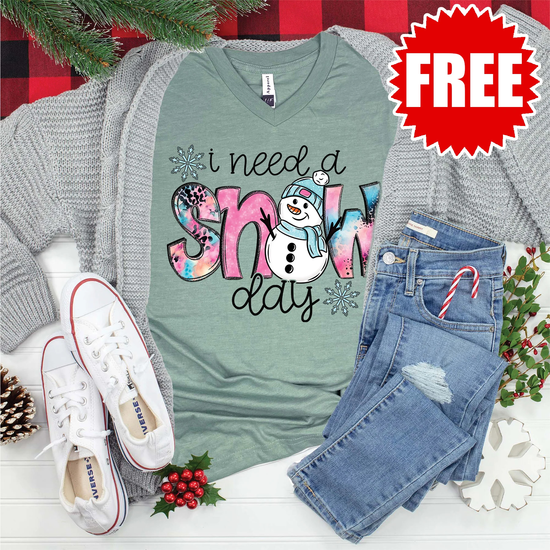 I Need a Snowday V-Neck - Heather Sage - 0