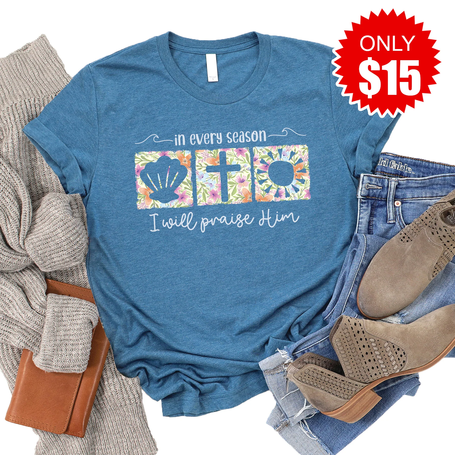 I Will Praise Him Tee - Heather Deep Teal - 15