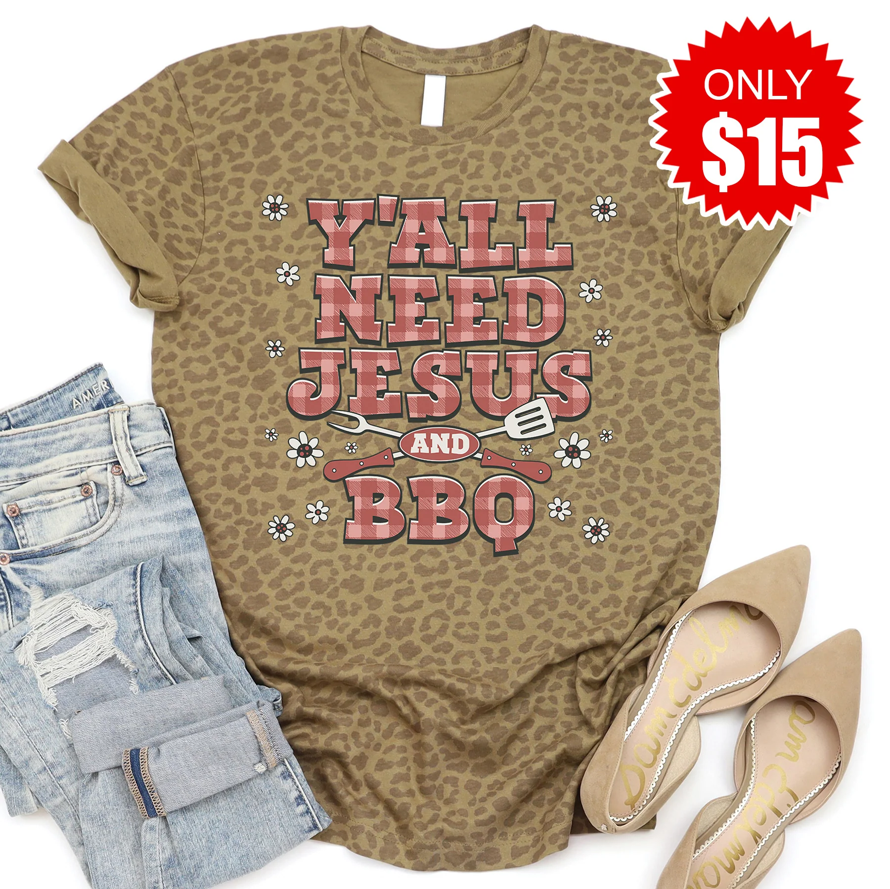 Jesus and BBQ Tee - Brown Leopard - 15