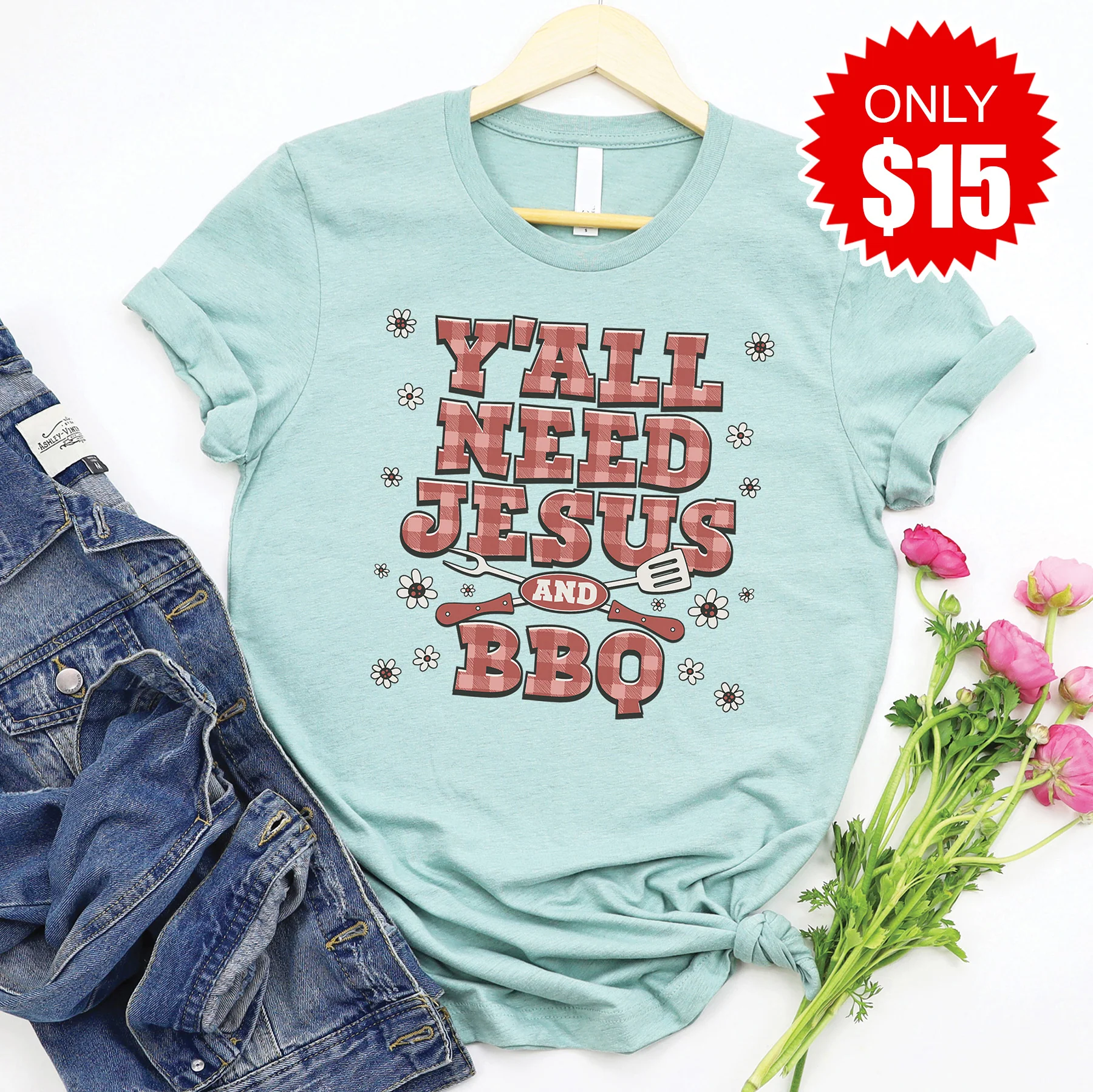 Jesus and BBQ Tee - Heather Dusty Blue - 15