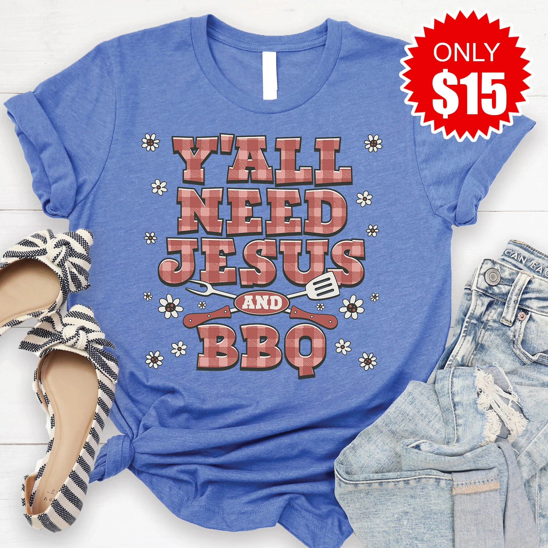 Jesus and BBQ Tee - Heather Royal Blue - 15