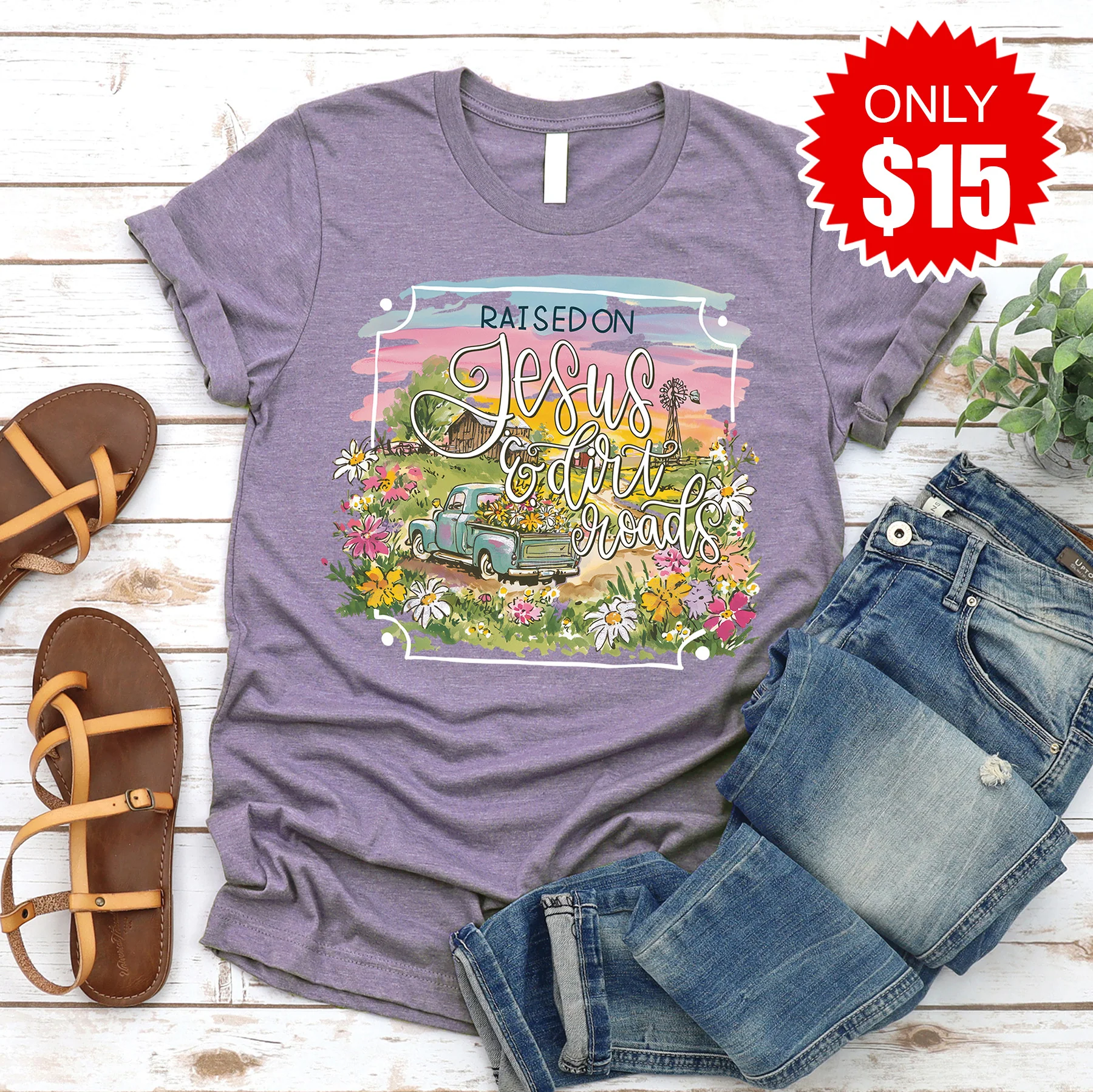 Jesus and Dirt Roads Tee - Heather Deep Purple - 15