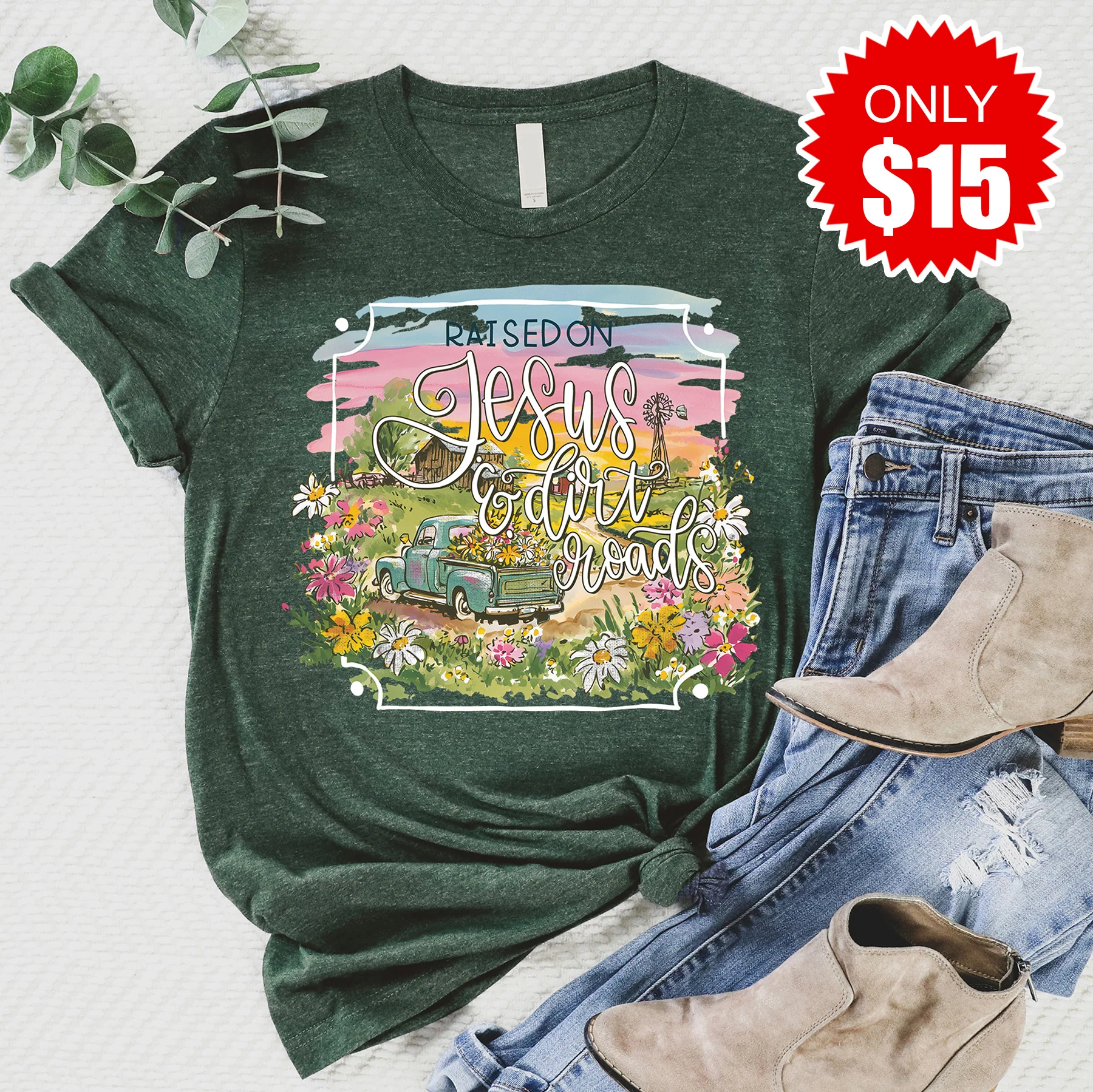 Jesus and Dirt Roads Tee - Heather Forest - 15