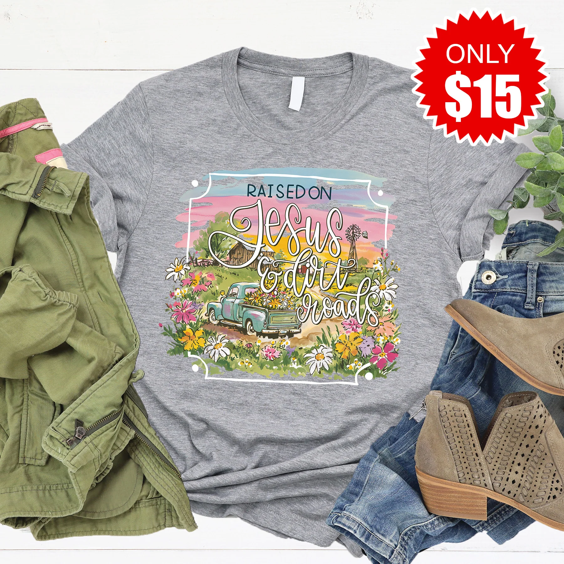 Jesus and Dirt Roads Tee - Heather Grey - 15