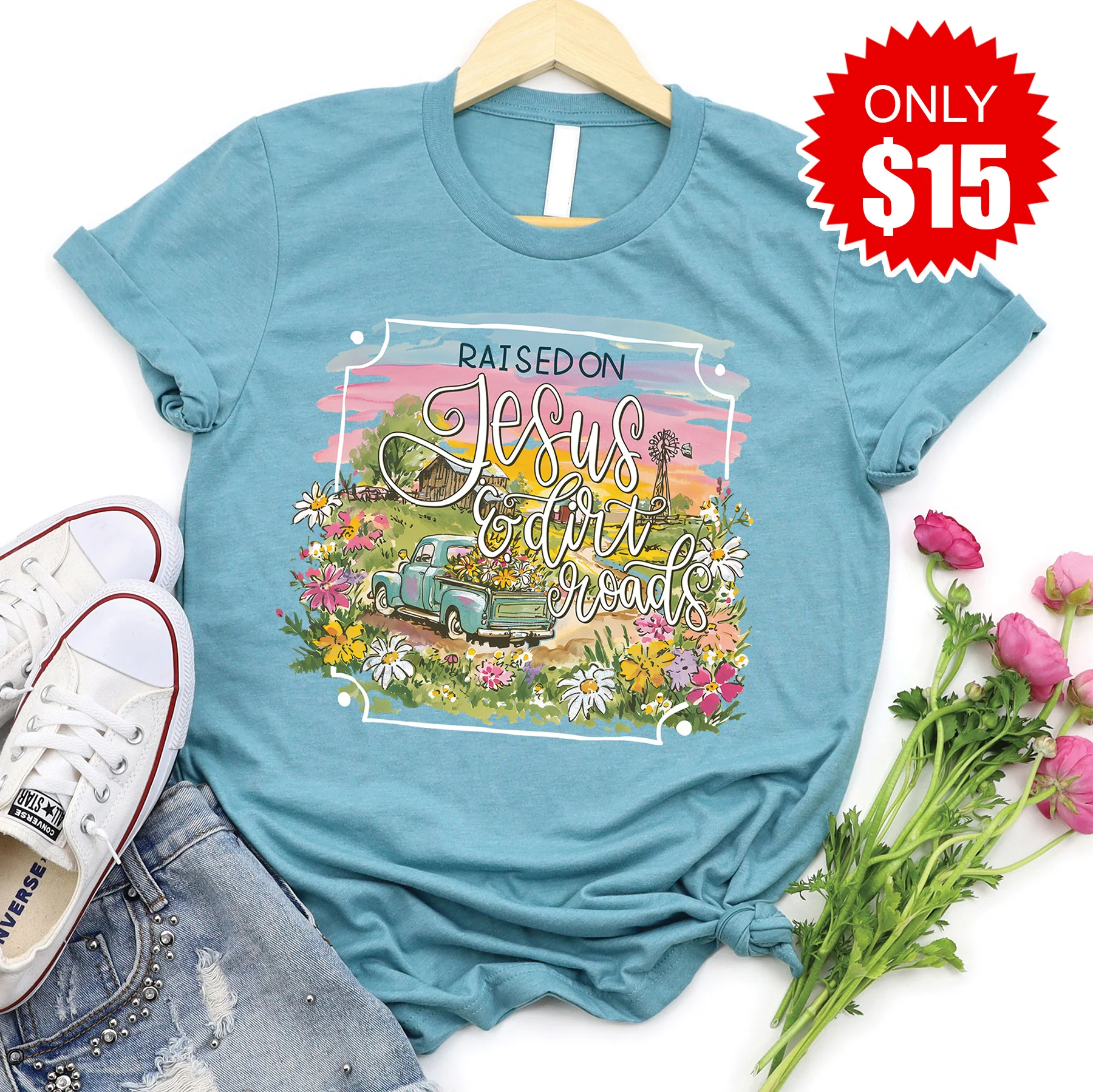 Jesus and Dirt Roads Tee - Heather Lagoon - 15