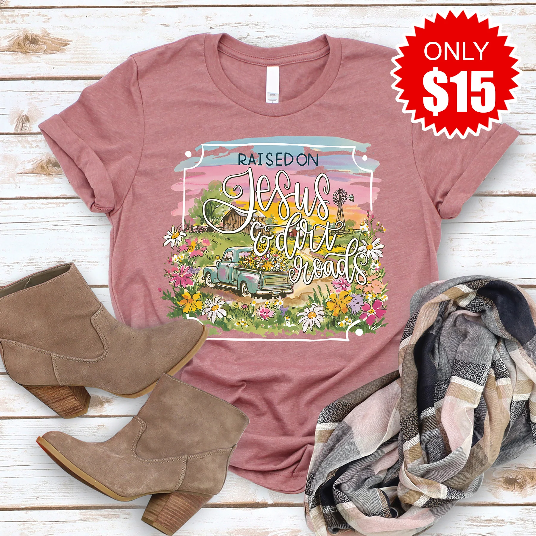Jesus and Dirt Roads Tee - Heather Mauve - 15