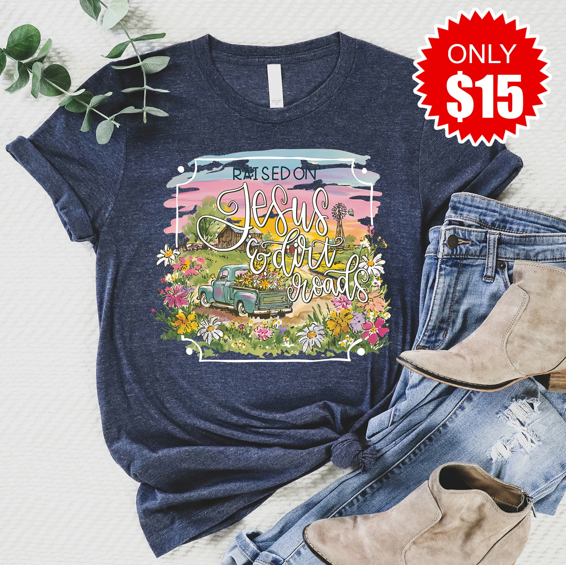 Jesus and Dirt Roads Tee - Heather Navy - 15