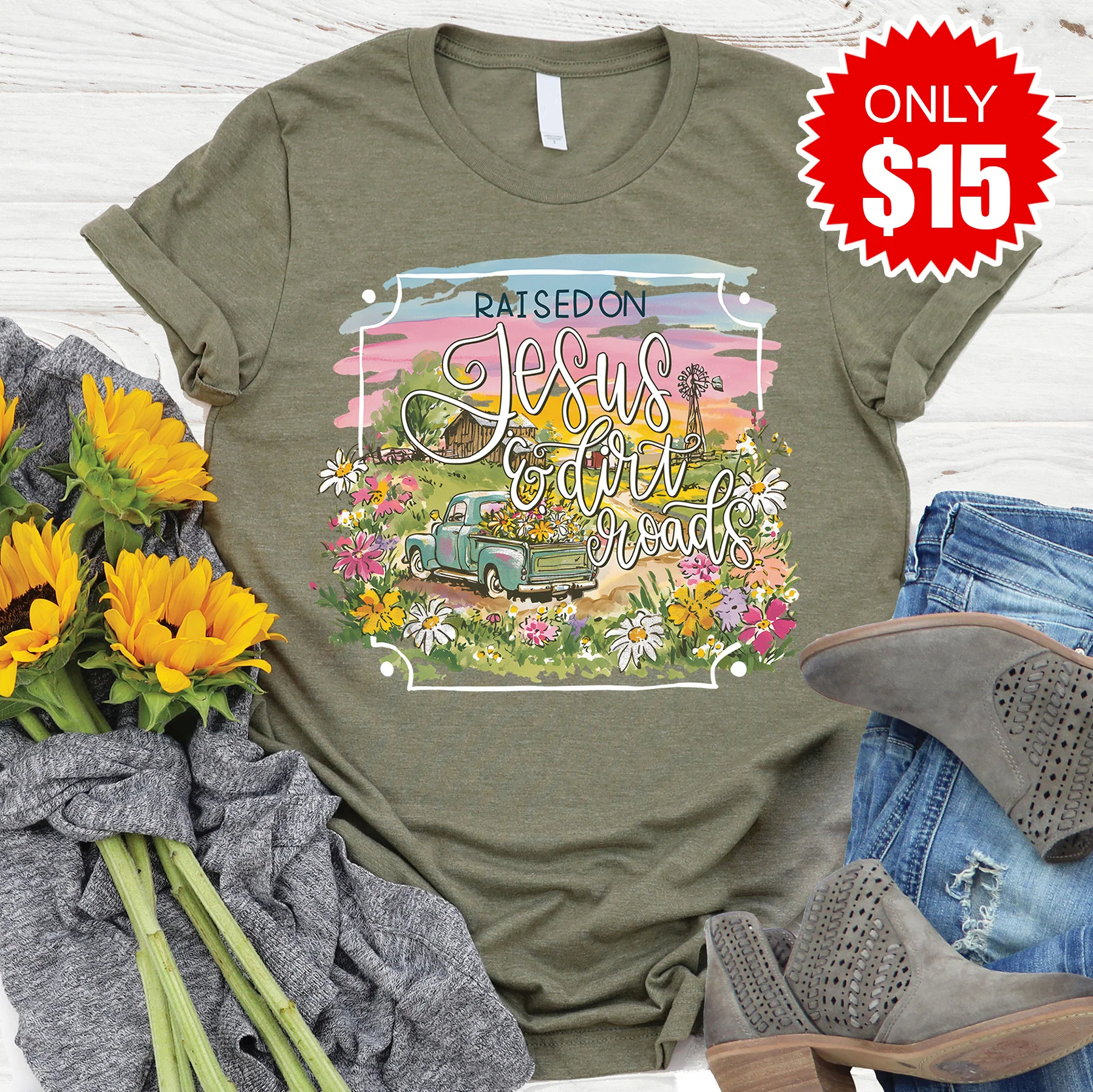 Jesus and Dirt Roads Tee - Heather Olive - 15