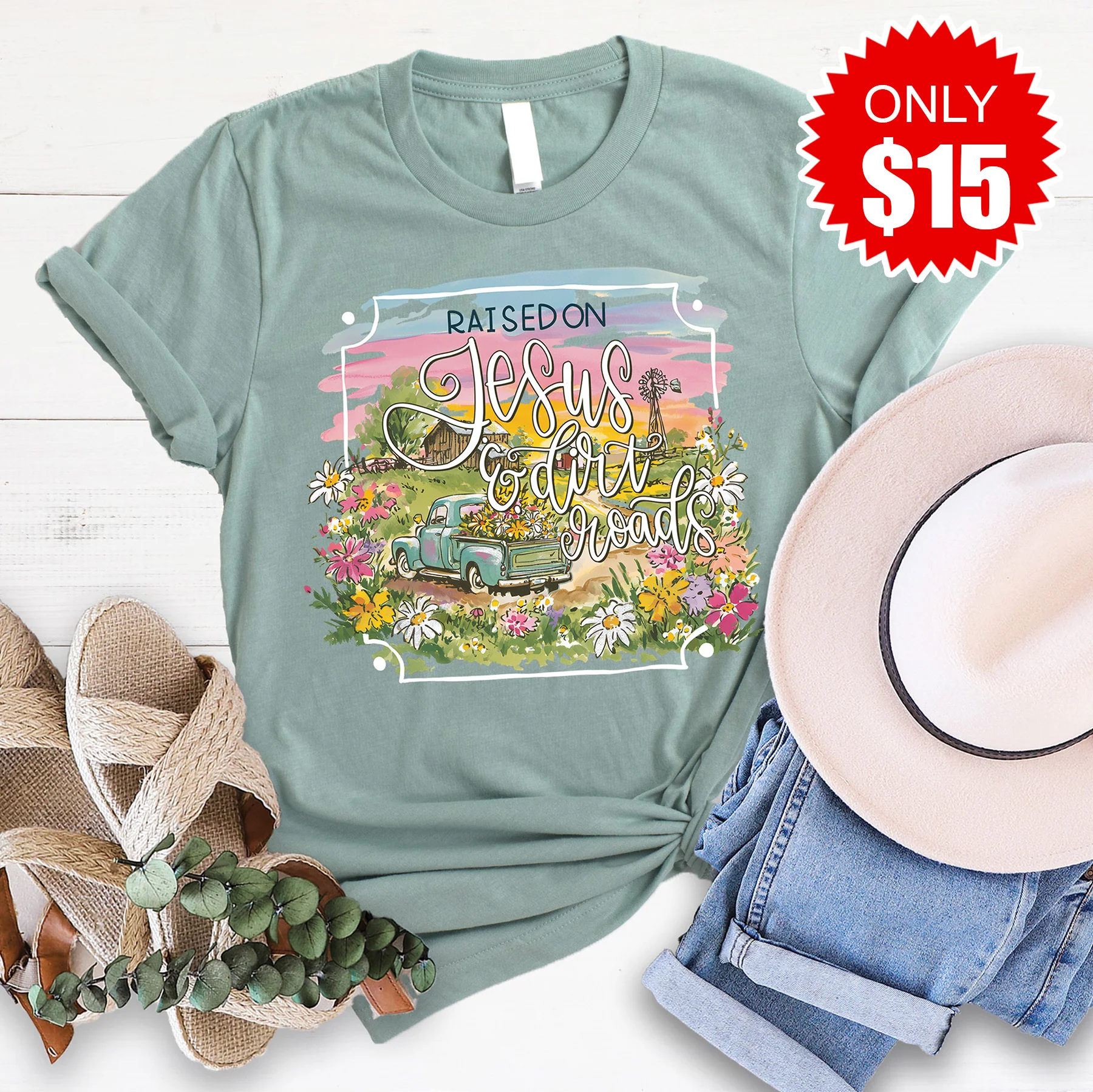 Jesus and Dirt Roads Tee - Heather Sage - 15