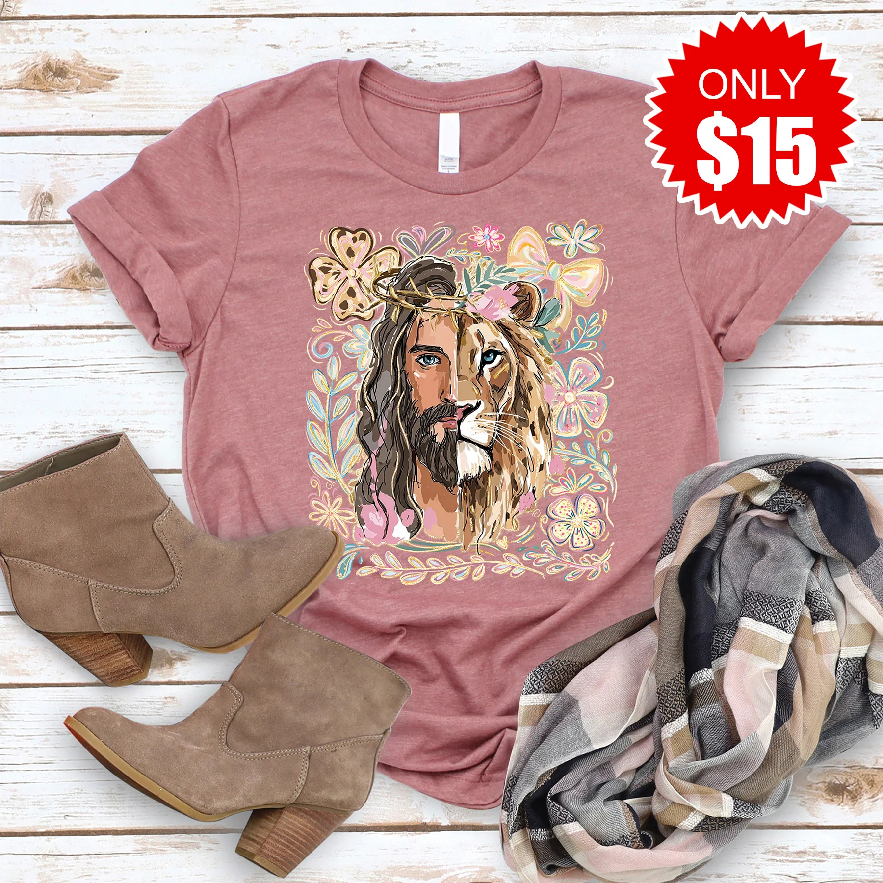 Jesus and Lion Tee - Heather Mauve - 15