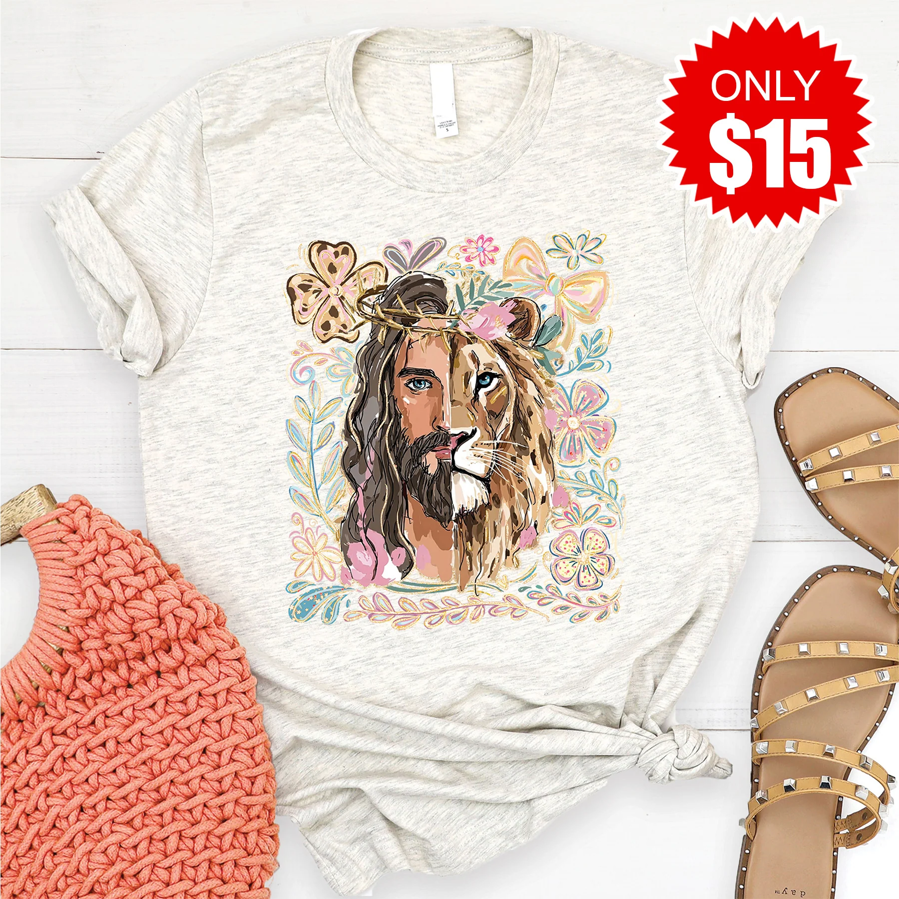Jesus and Lion Tee - Heather Oatmeal - 15