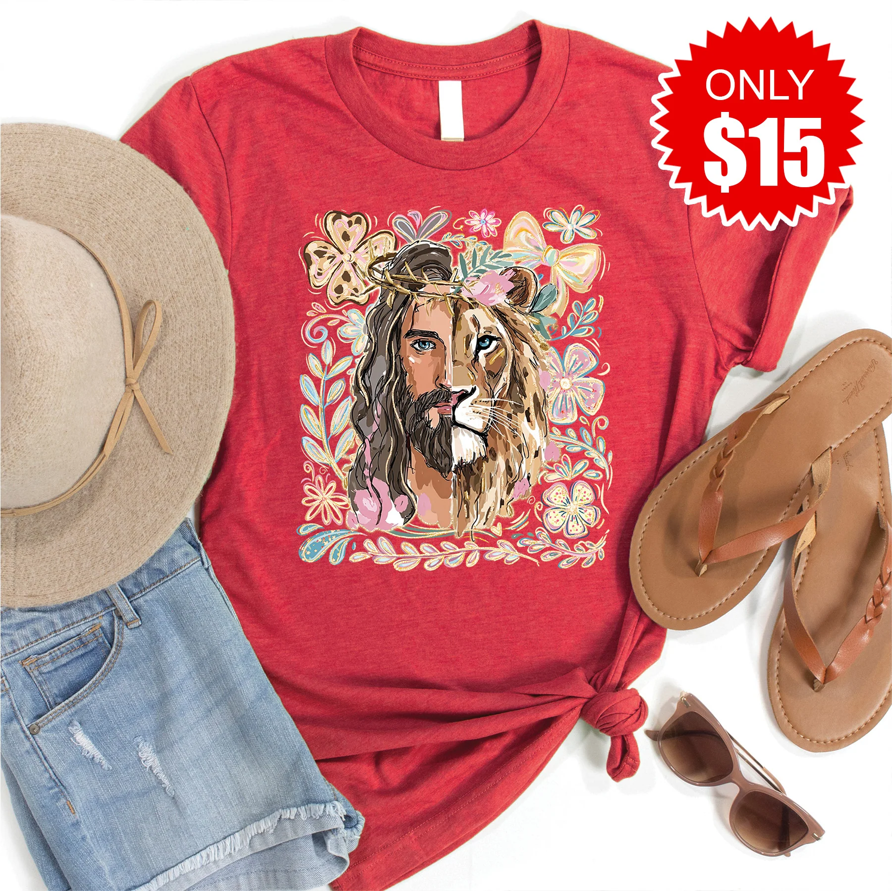 Jesus and Lion Tee - Heather Scarlet - 15