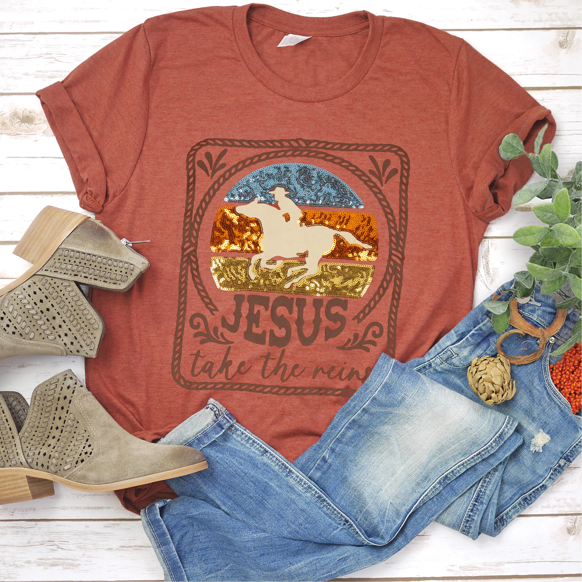 Embellished Jesus Take the Reins Sequin Tee - Image 2