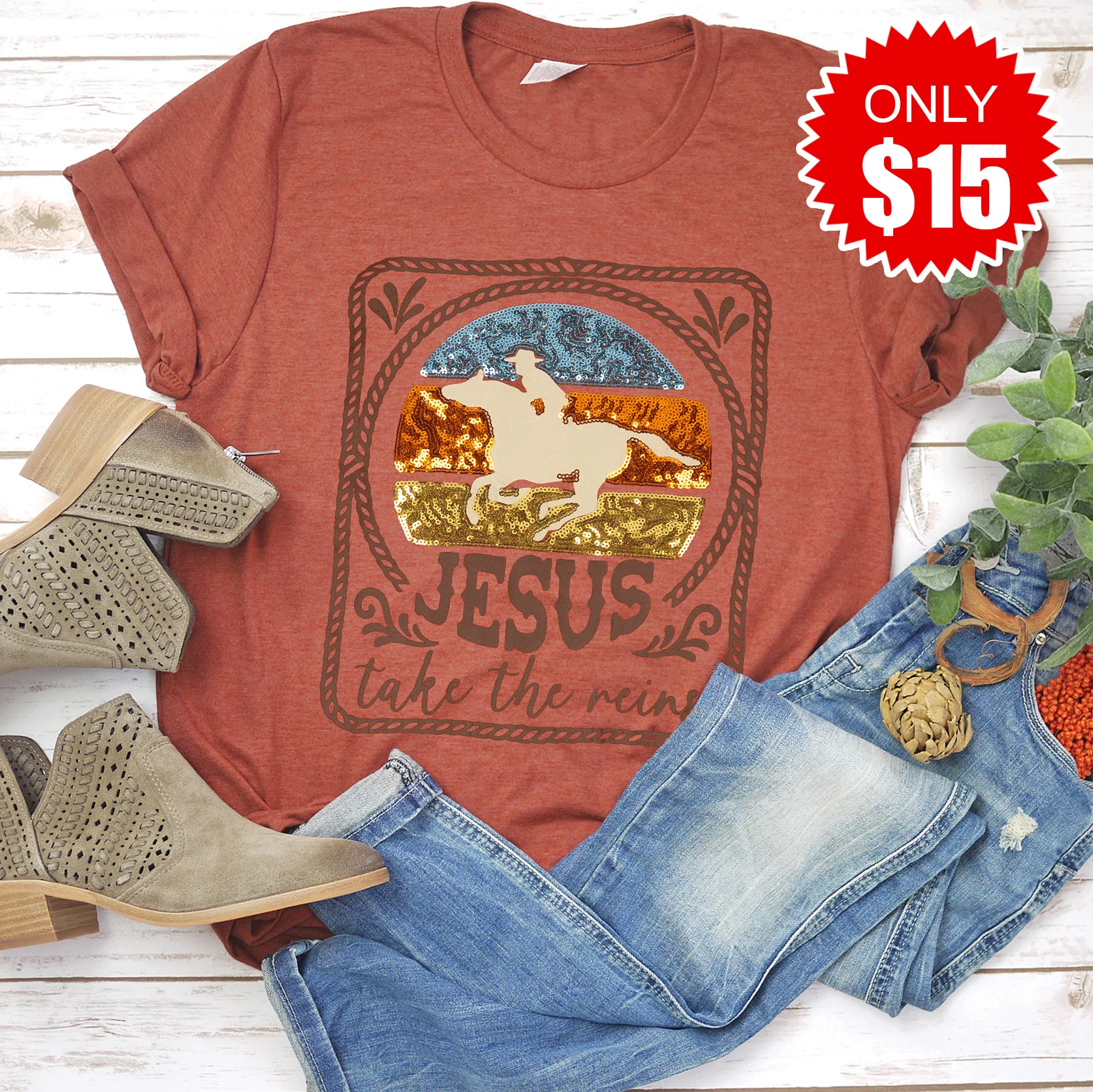 Embellished Jesus Take the Reins Sequin Tee - 15