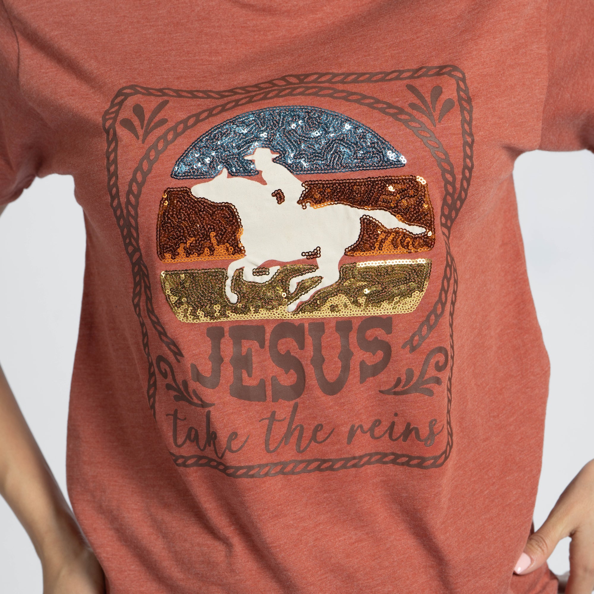 Embellished Jesus Take the Reins Sequin Tee - 15 - Image 3