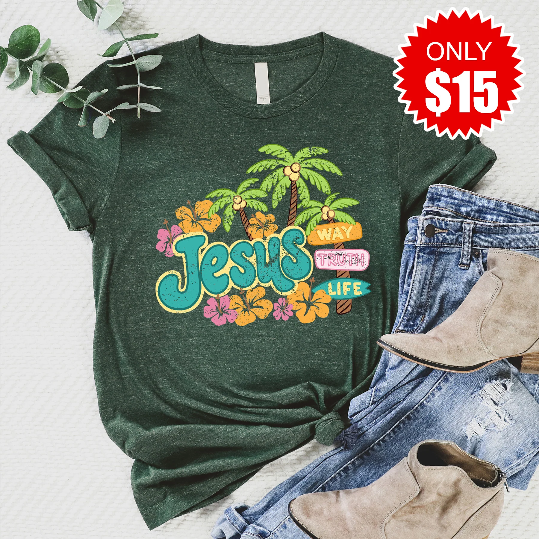 Jesus Tee - Heather Forest - 15