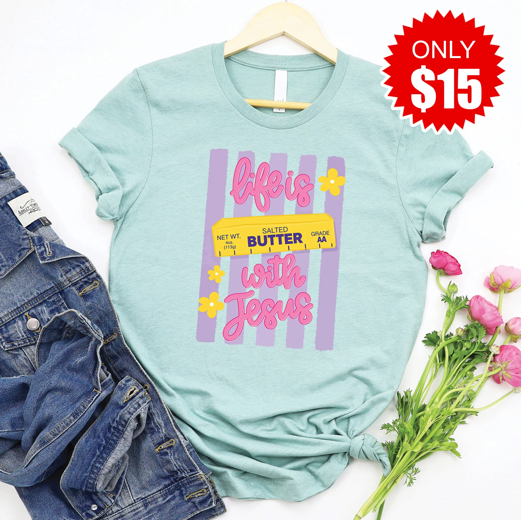 Life is Butter Tee - Heather Dusty Blue - 15