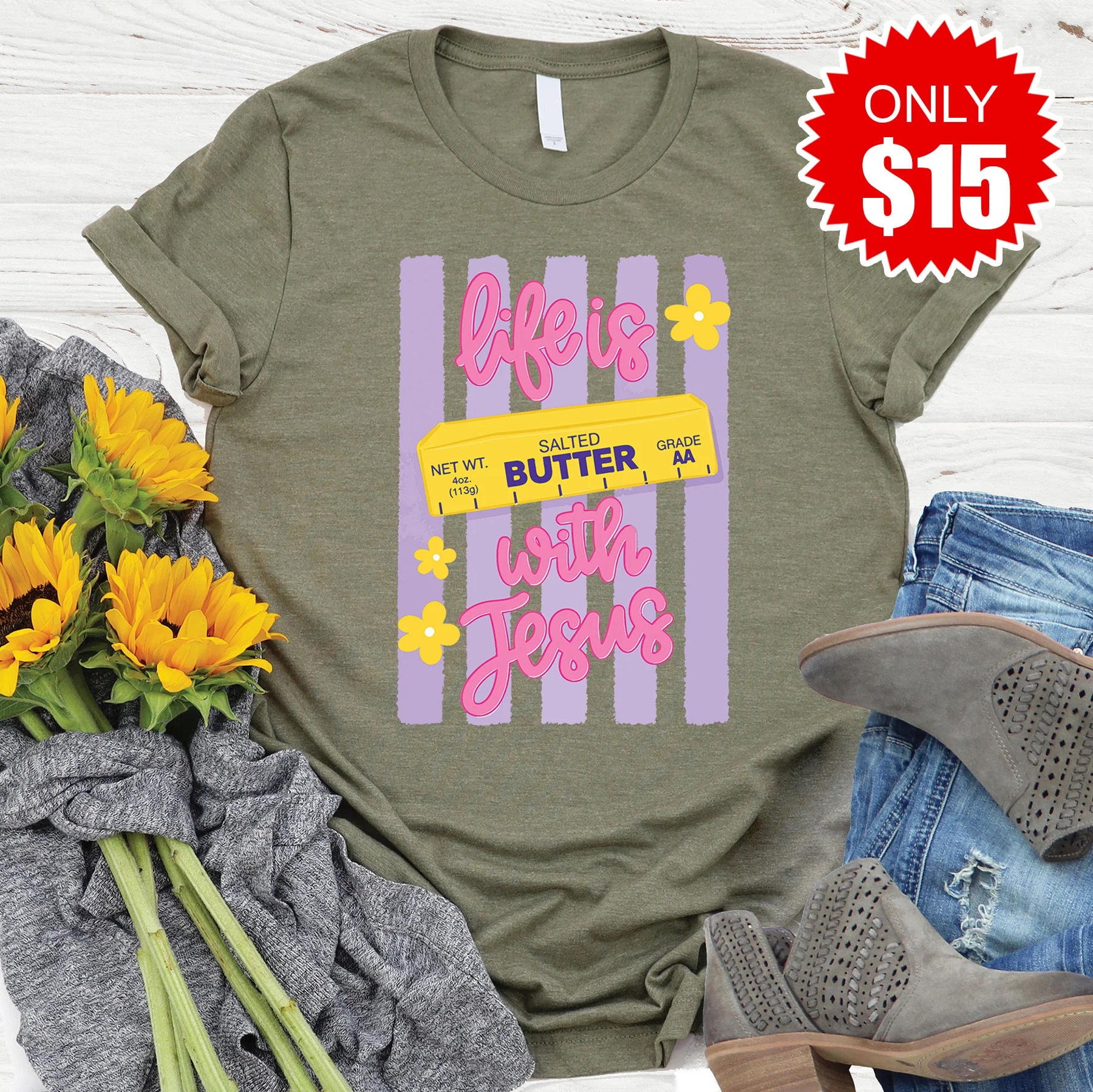 Life is Butter Tee - Heather Olive - 15