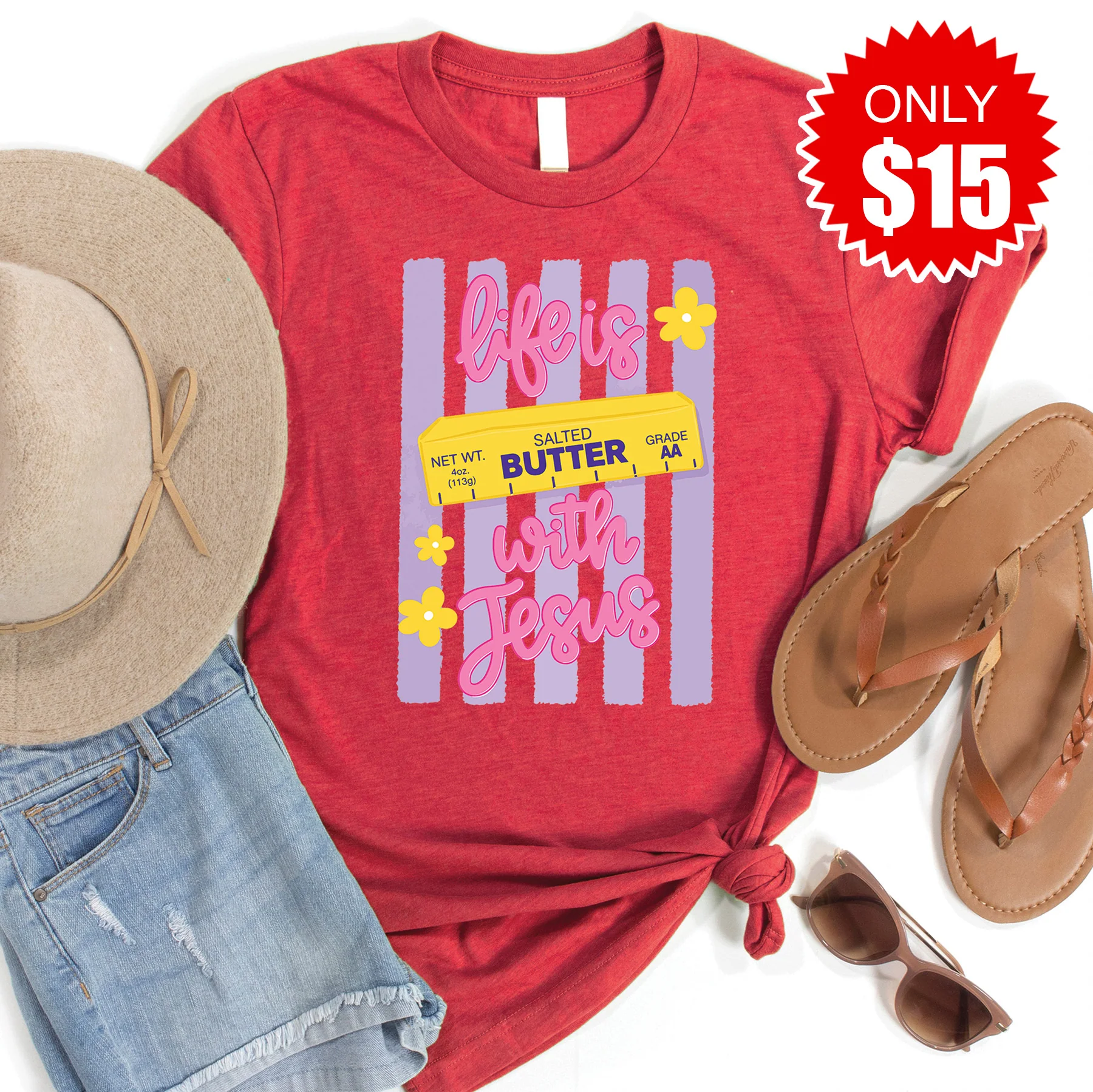 Life is Butter Tee - Heather Scarlet - 15