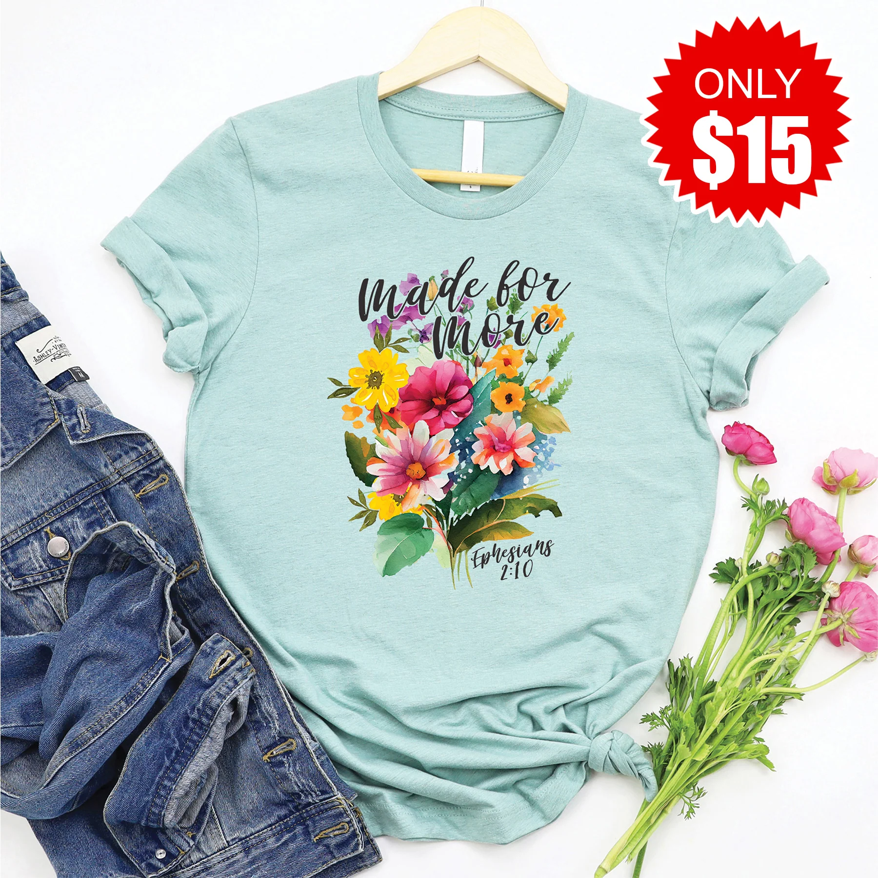 Made For More Bouquet Tee - Heather Dusty Blue - 15
