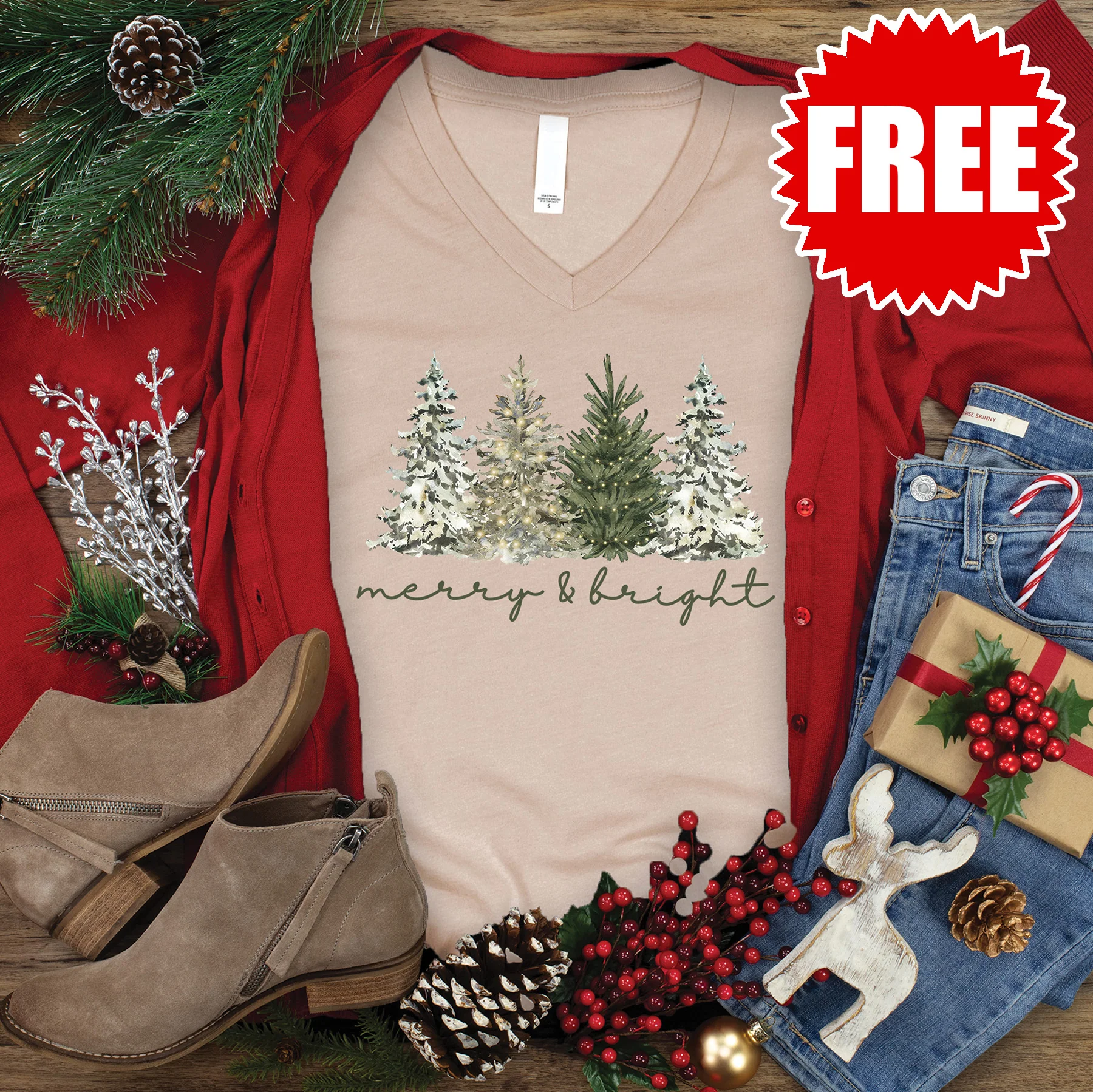 Merry & Bright Trees V-Neck - Heather Sand Dune - 0