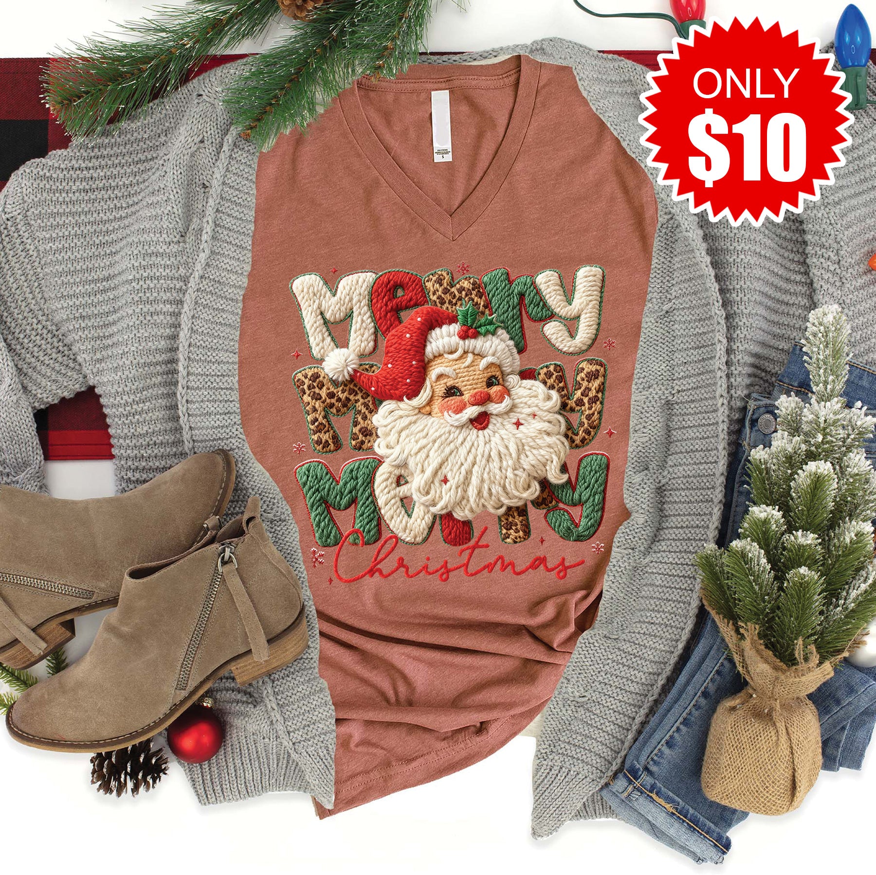 Merry Christmas Patchwork V-Neck - Heather Chestnut - 10