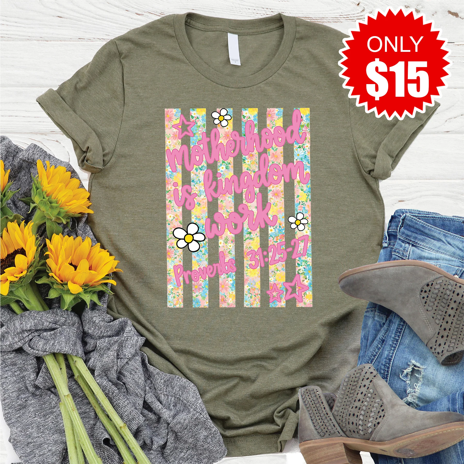 Motherhood is Kingdom Tee - Heather Olive - 15