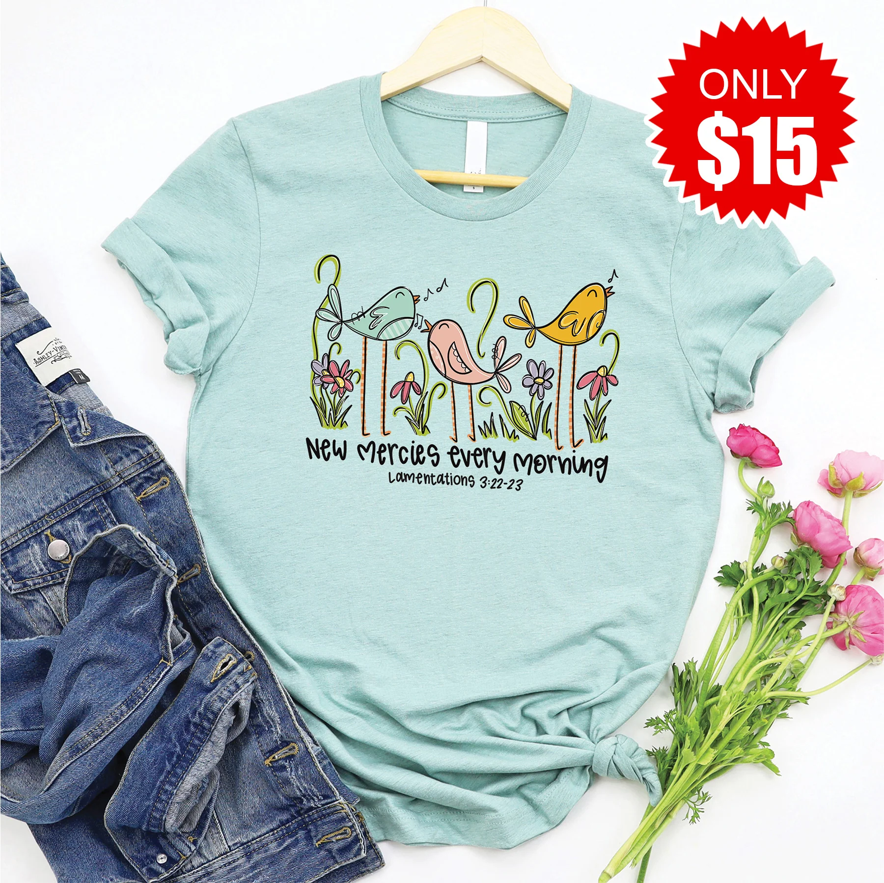 New Mercies Every Morning Tee - Heather Dusty Blue - 15