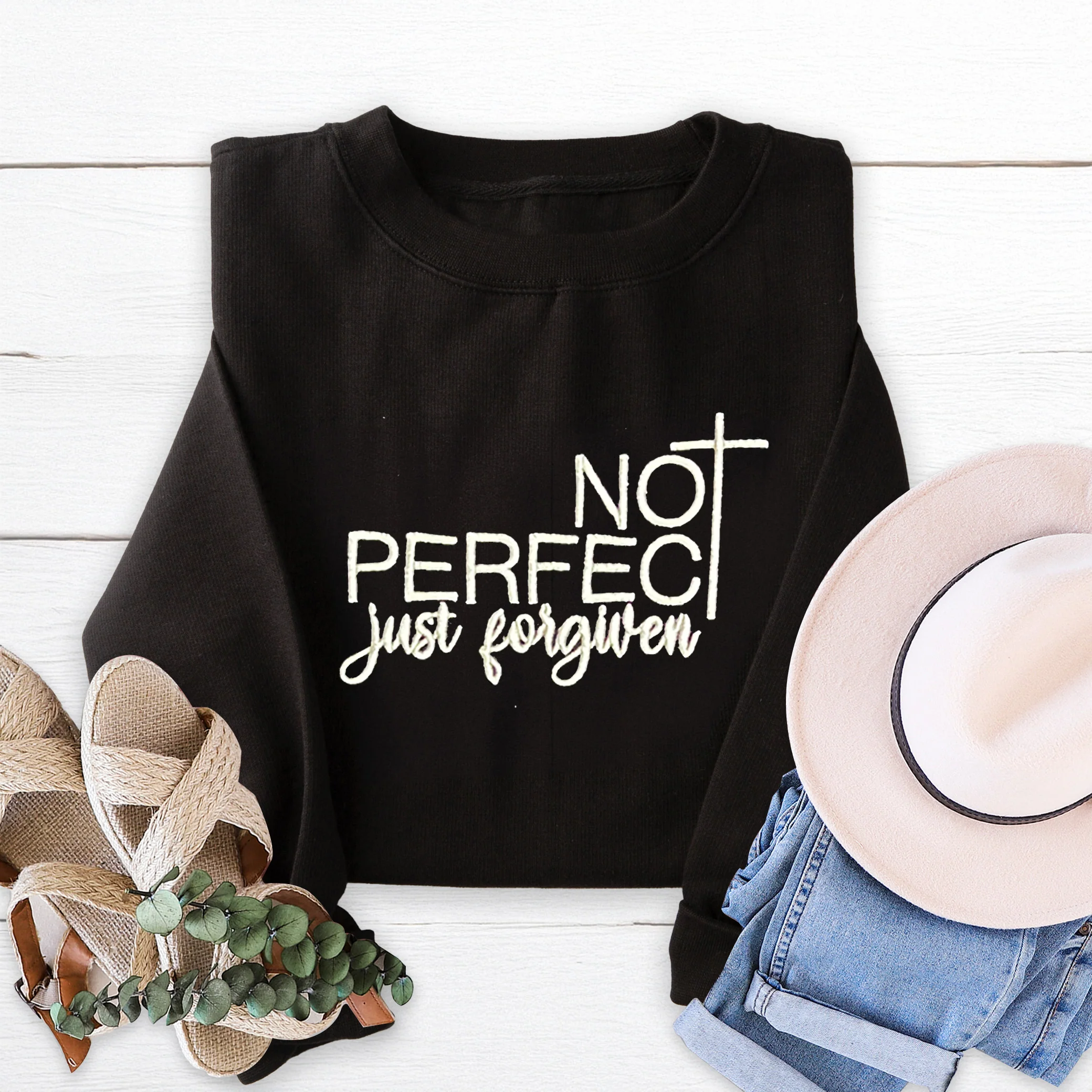 Not Perfect Just Forgiven Embroidered Crewneck Sweatshirt