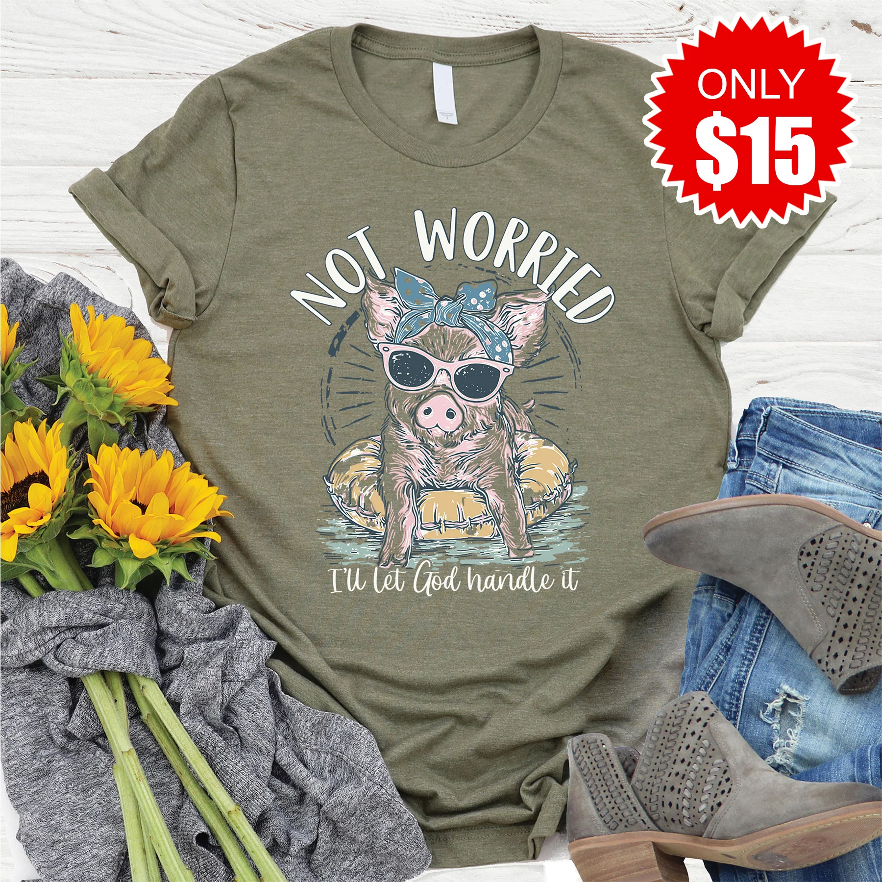 Not Worried Tee - Heather Olive - 15
