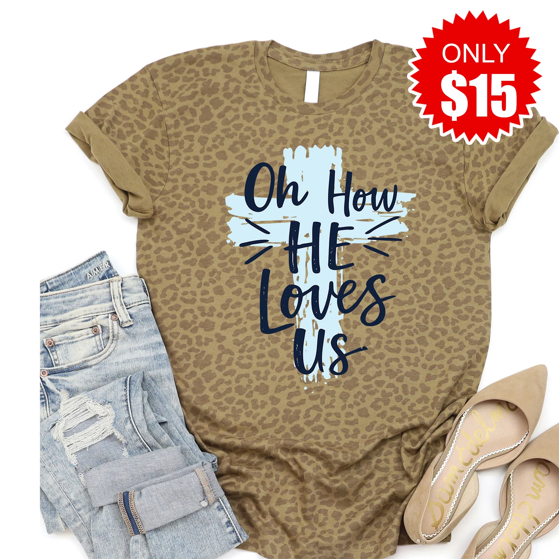 Oh How He Loves Us Tee - Brown Leopard - 15