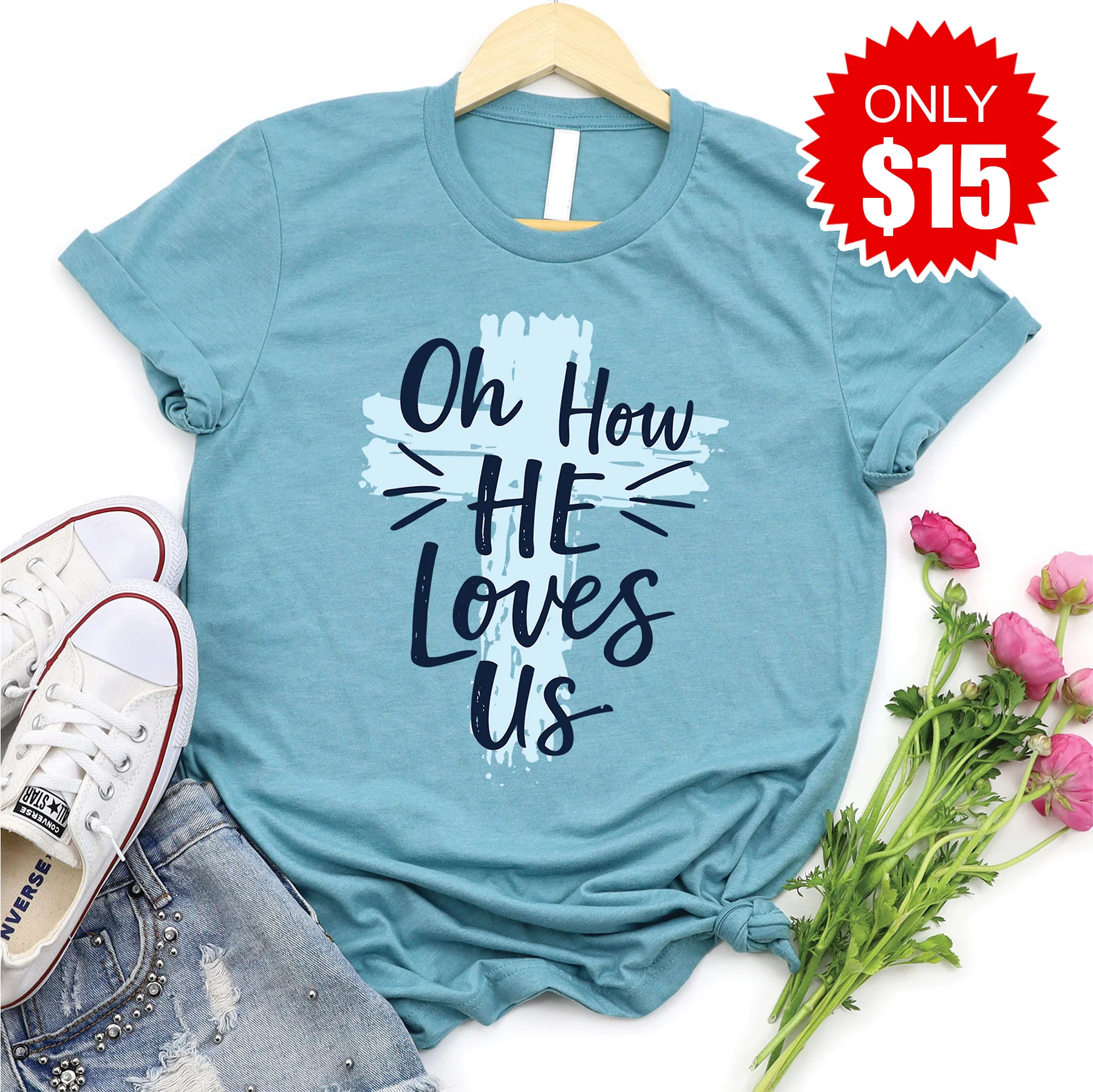 Oh How He Loves Us Tee - Heather Lagoon - 15