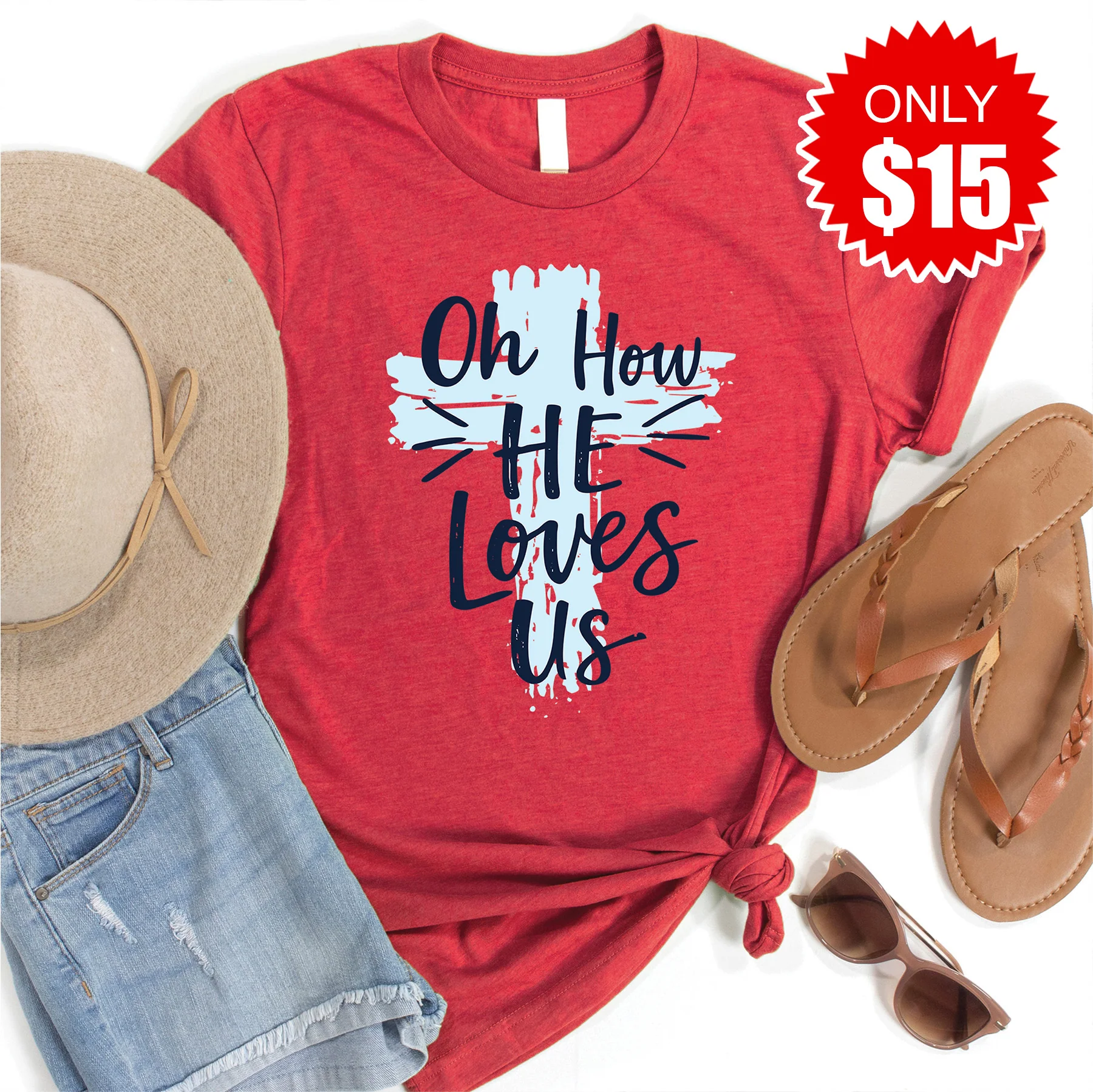 Oh How He Loves Us Tee - Heather Scarlet - 15