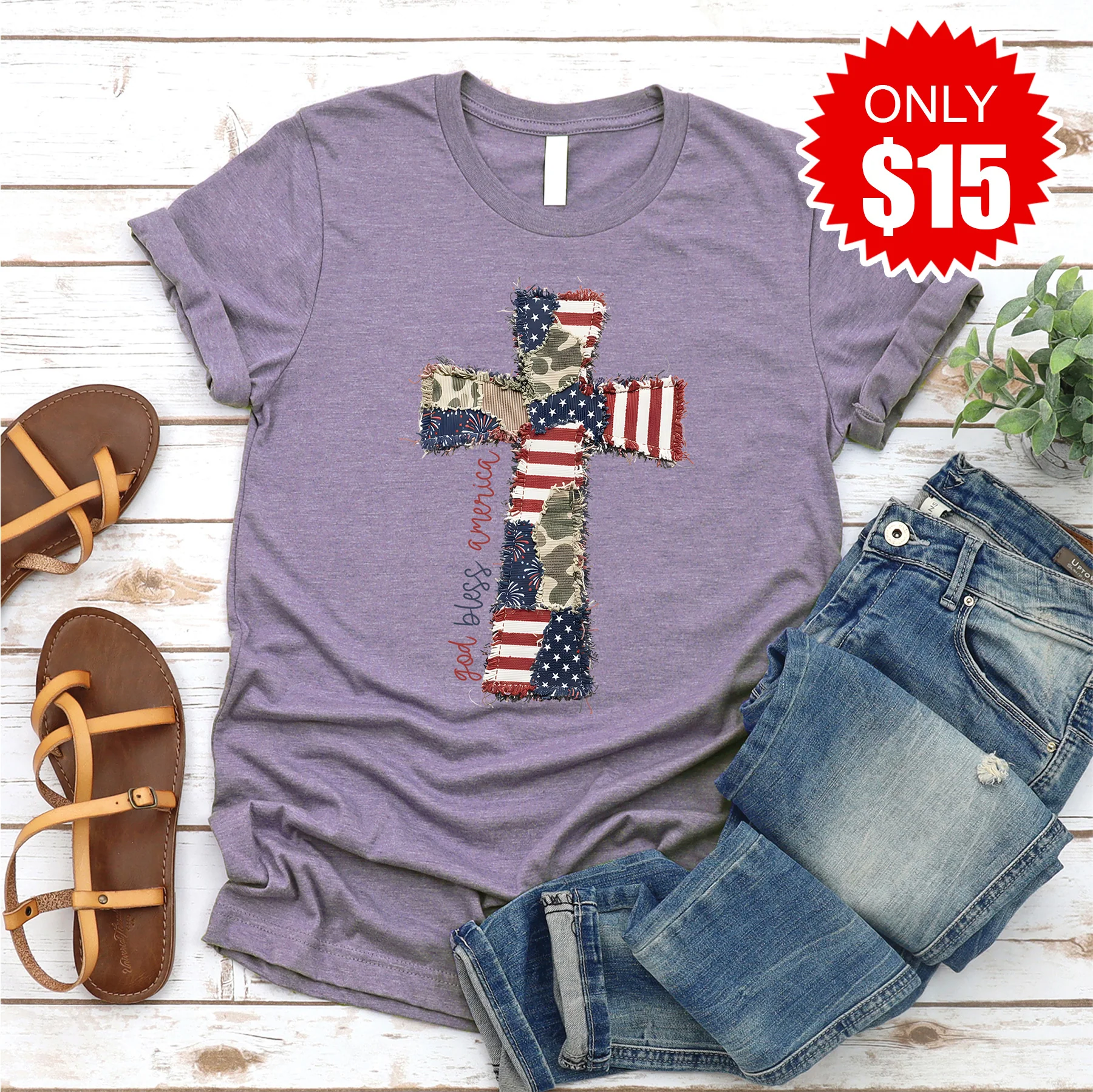 Patchwork Cross Tee - Heather Deep Purple - 15