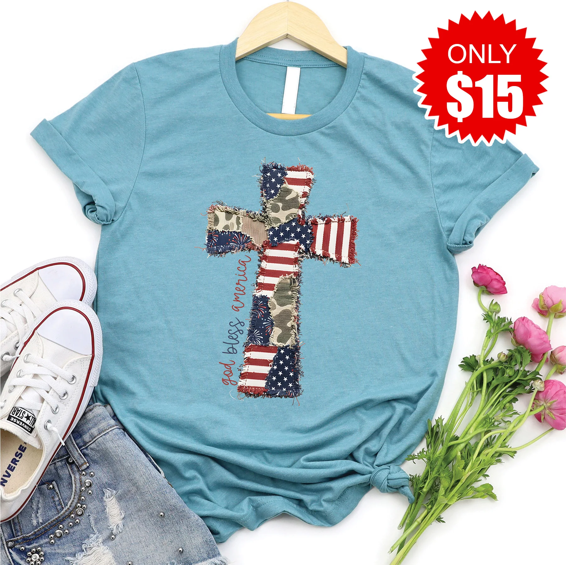 Patchwork Cross Tee - Heather Lagoon - 15
