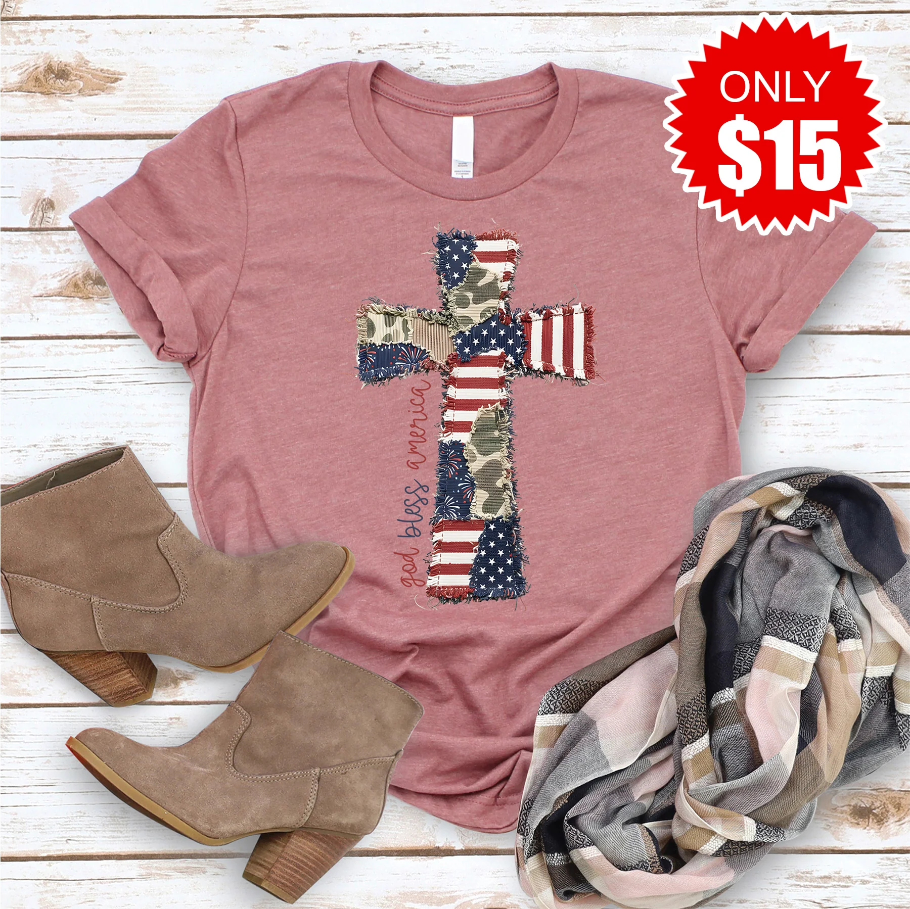 Patchwork Cross Tee - Heather Mauve - 15