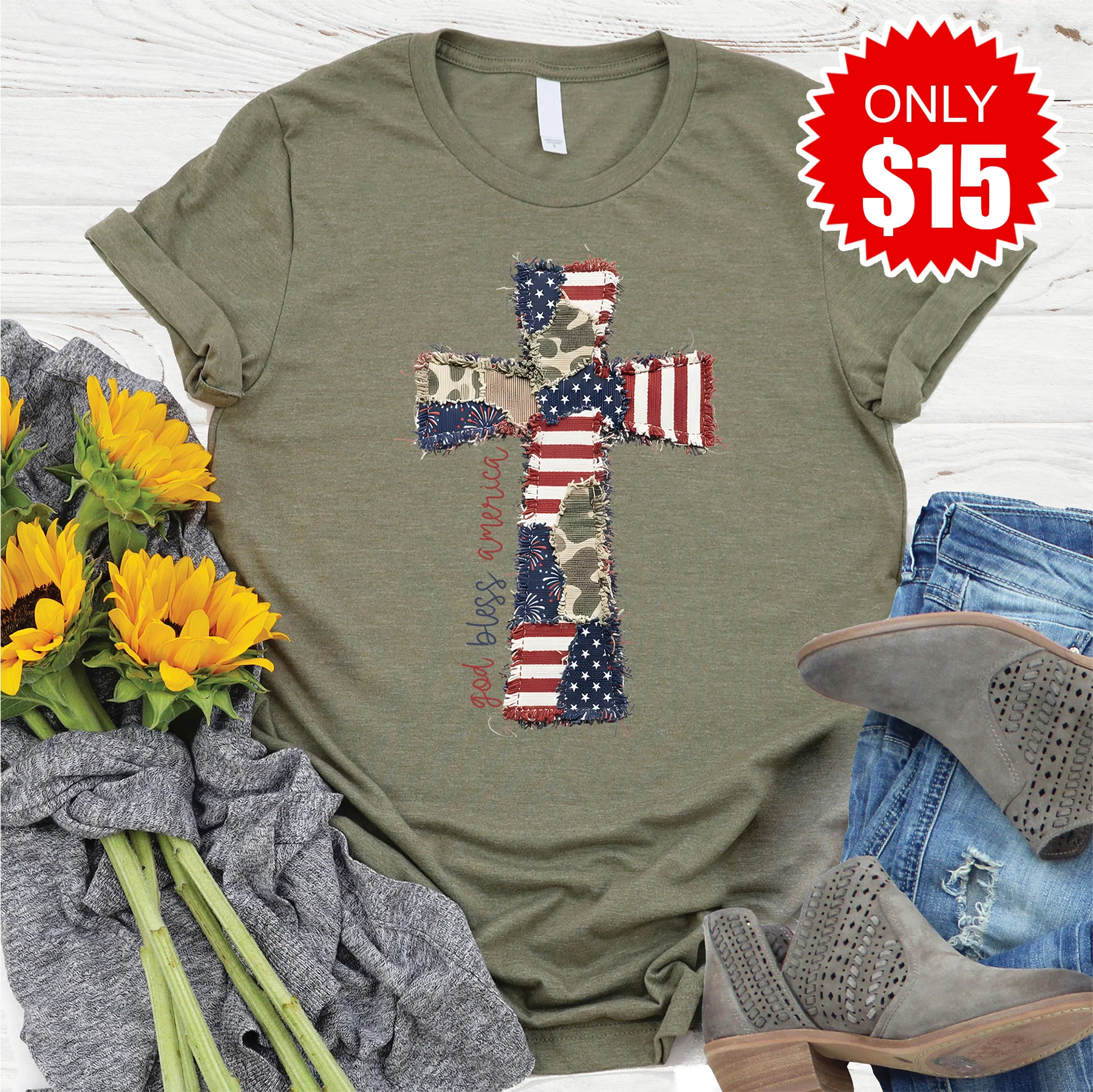 Patchwork Cross Tee - Heather Olive - 15