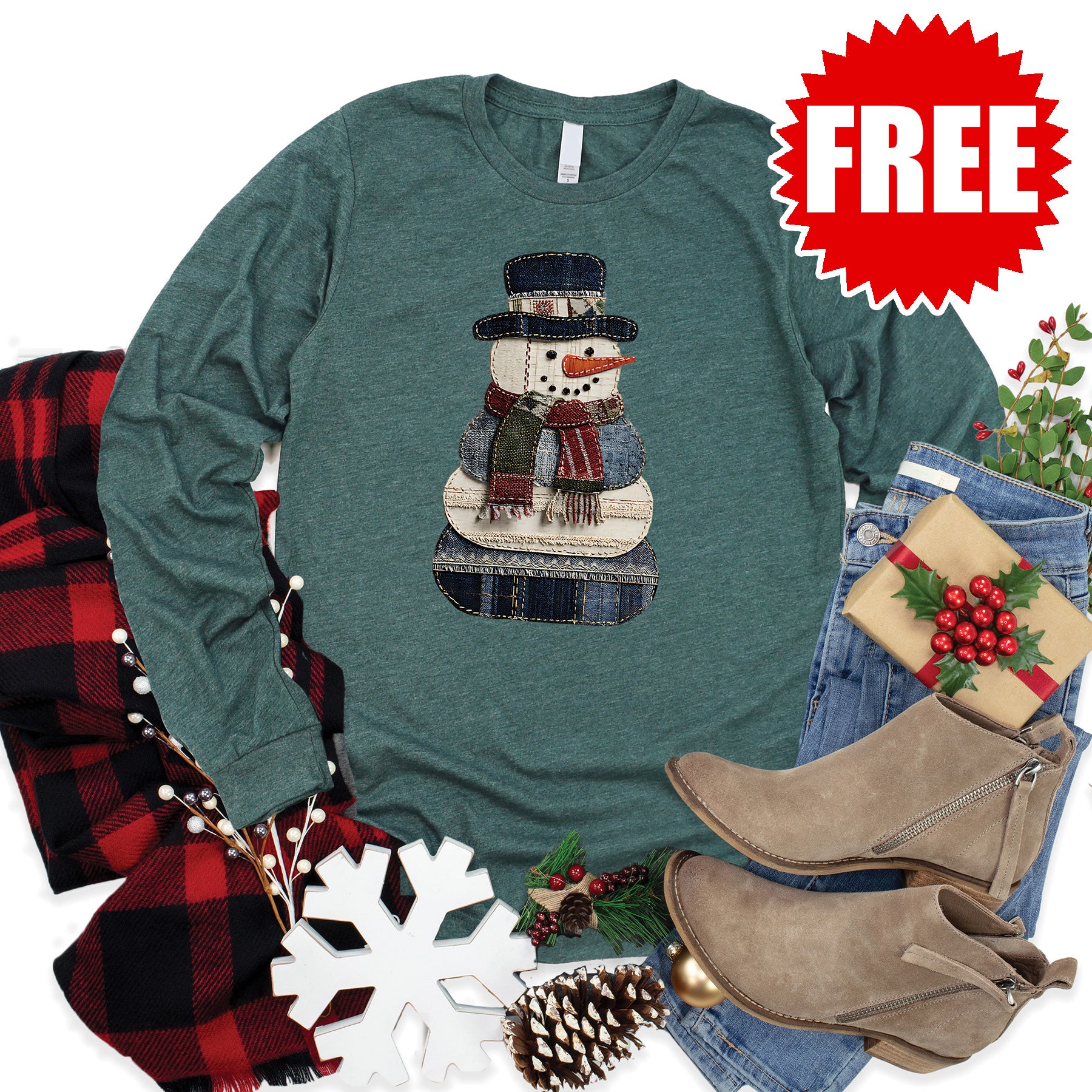 Patchwork Snowman Long Sleeve - Heather Forest - 0