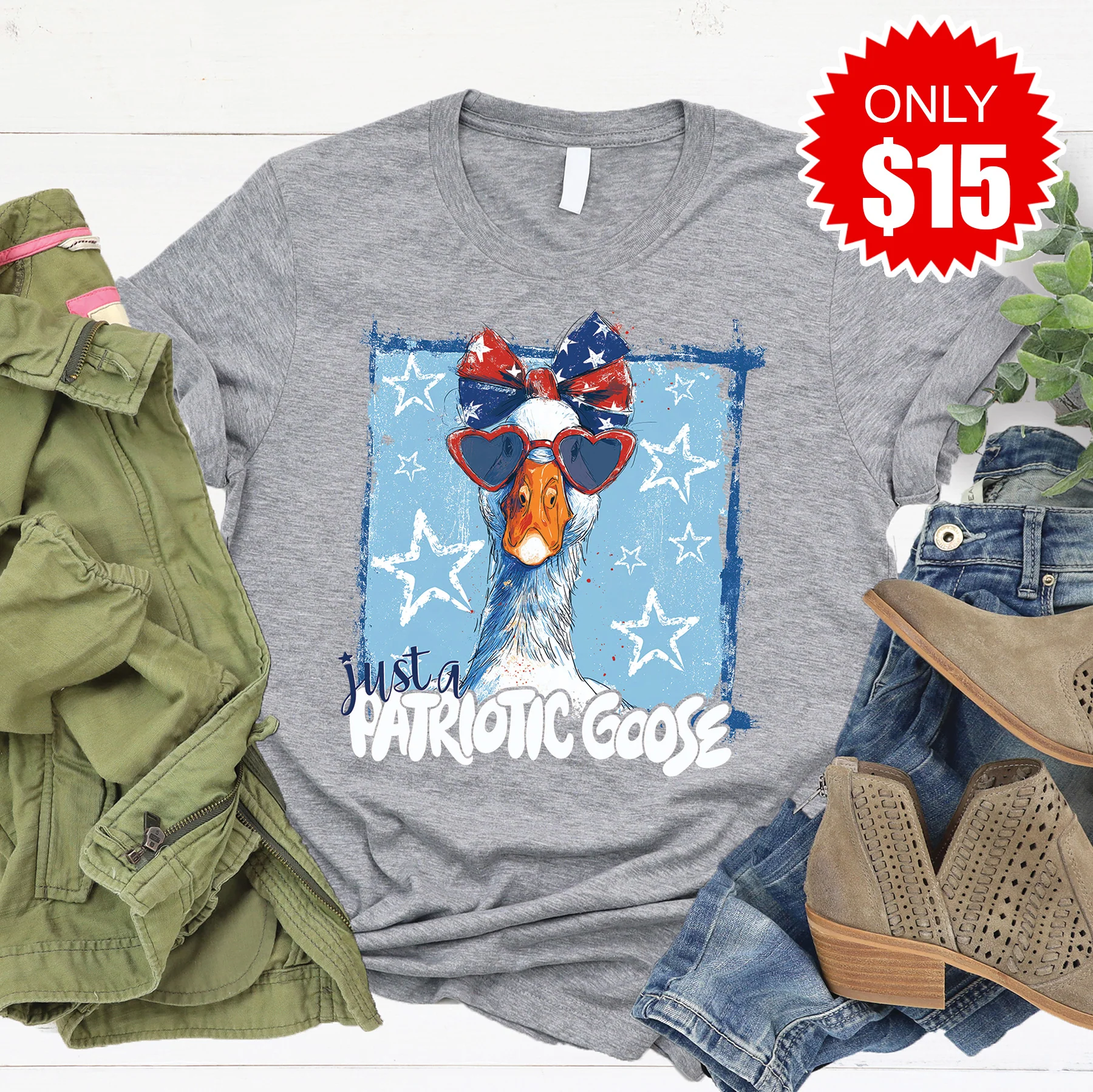 Patriotic Goose Tee - Heather Grey - 15