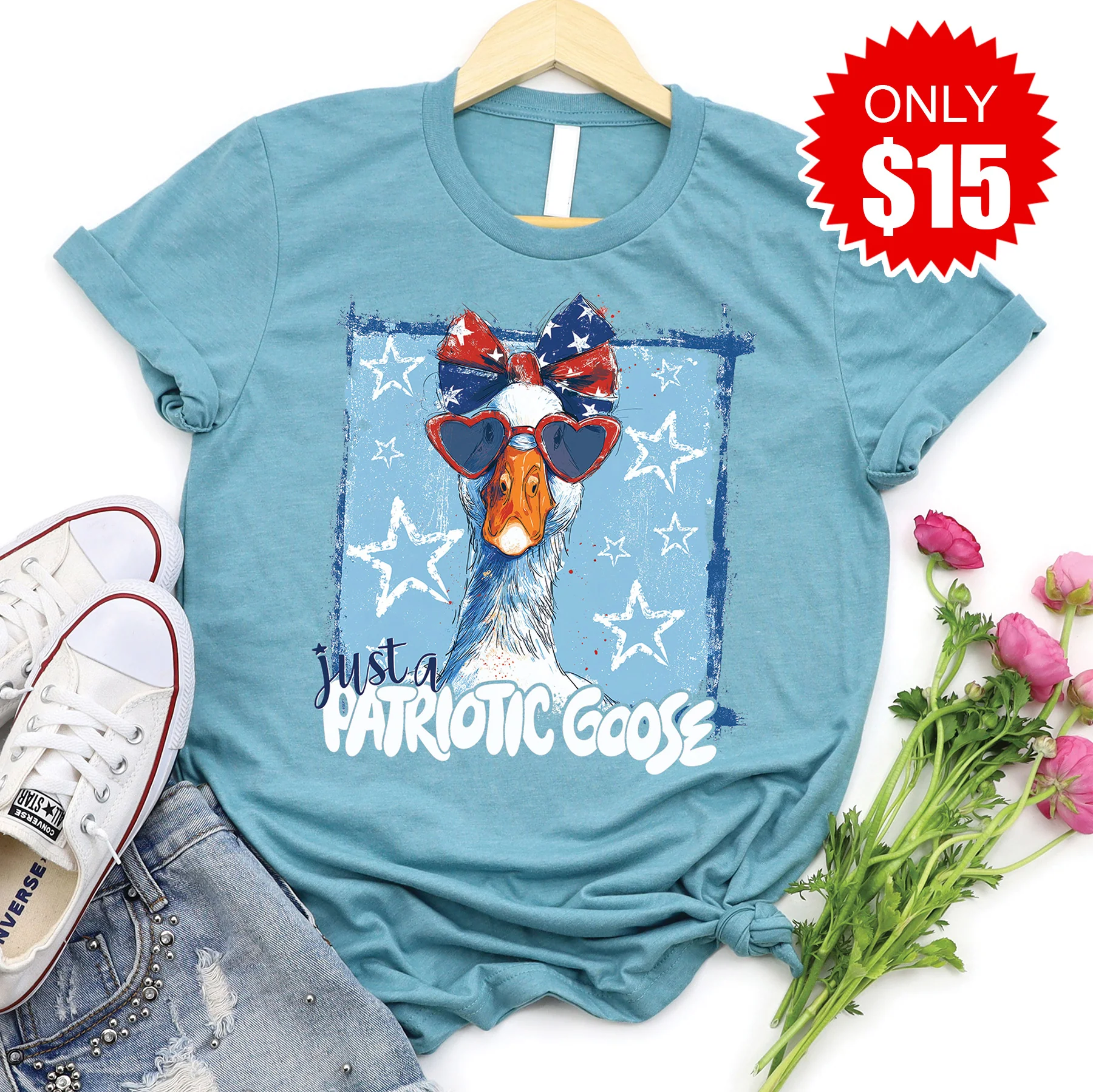 Patriotic Goose Tee - Heather Lagoon - 15