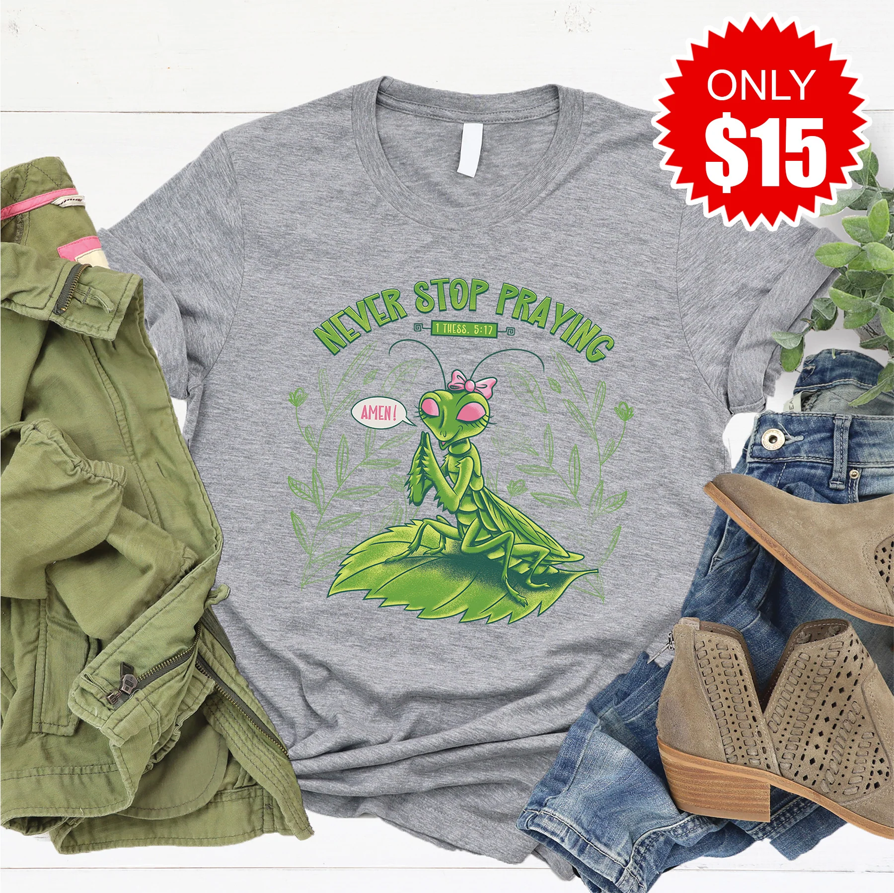Praying Mantis Tee - Heather Grey - 15