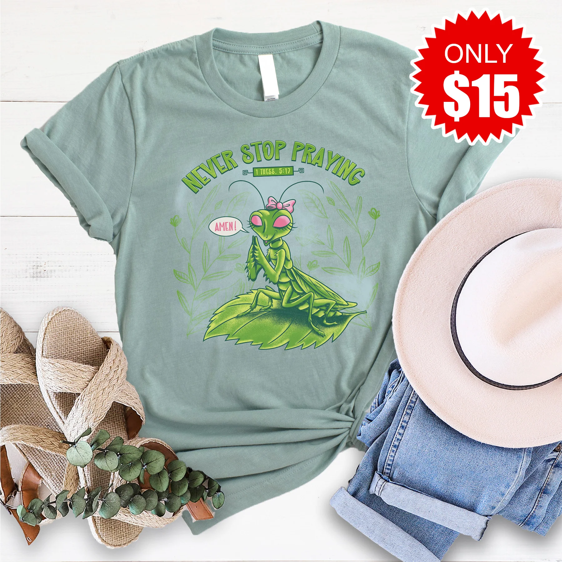 Praying Mantis Tee - Heather Sage - 15
