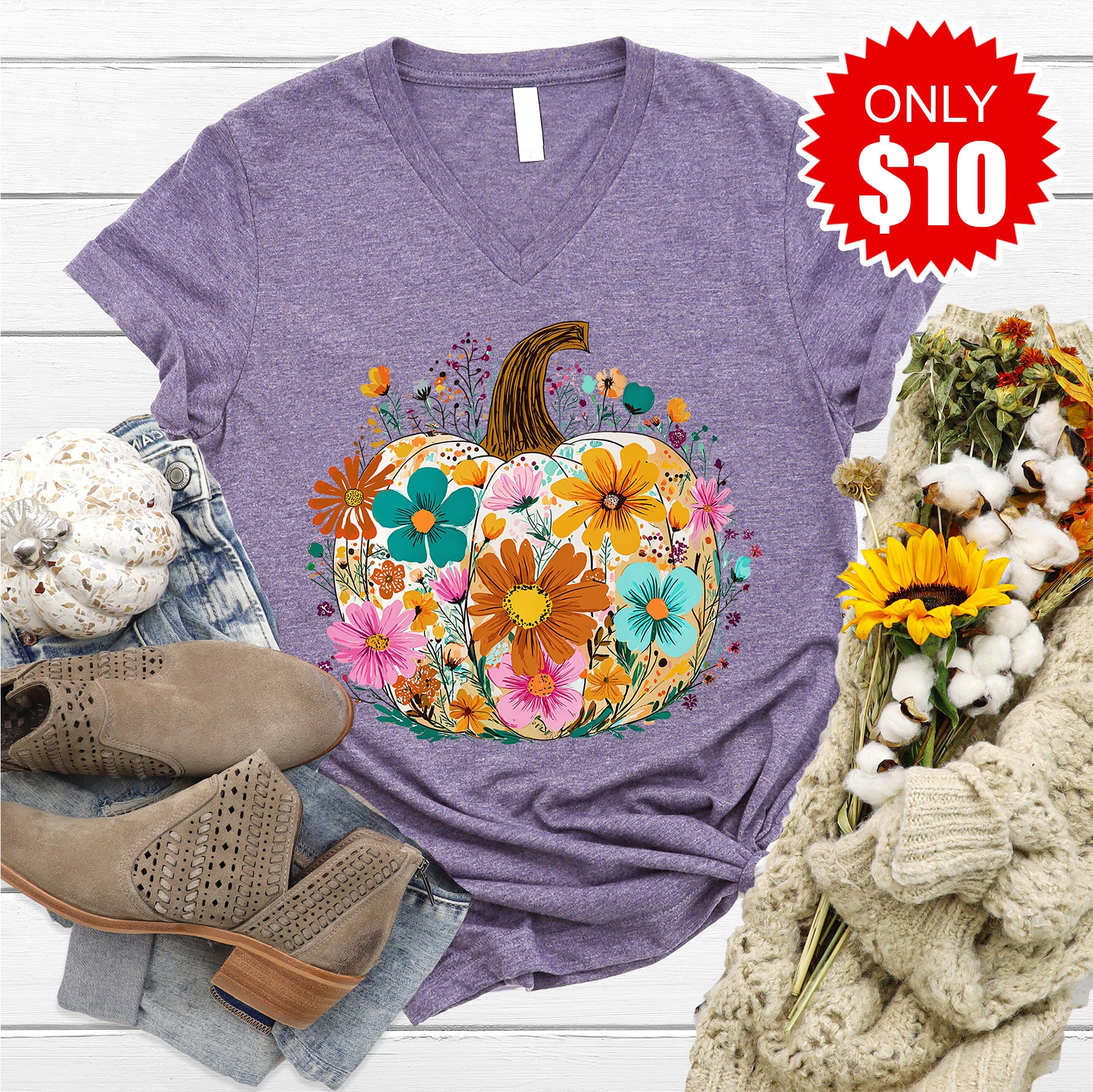 Pumpkin Boho Floral V-Neck - 10