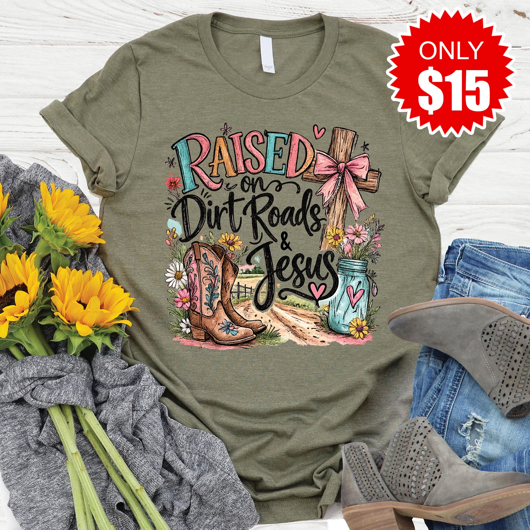 Raised On Tee - Heather Olive - 15