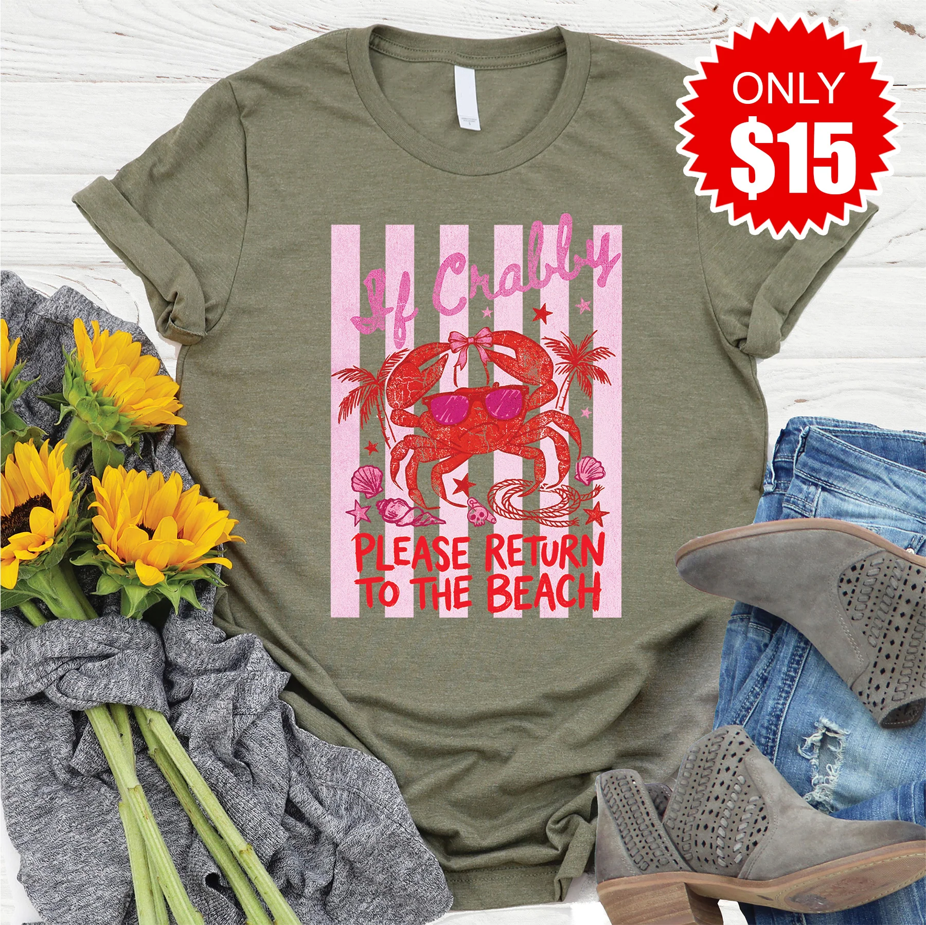 Return To Beach Tee - Heather Olive - 15