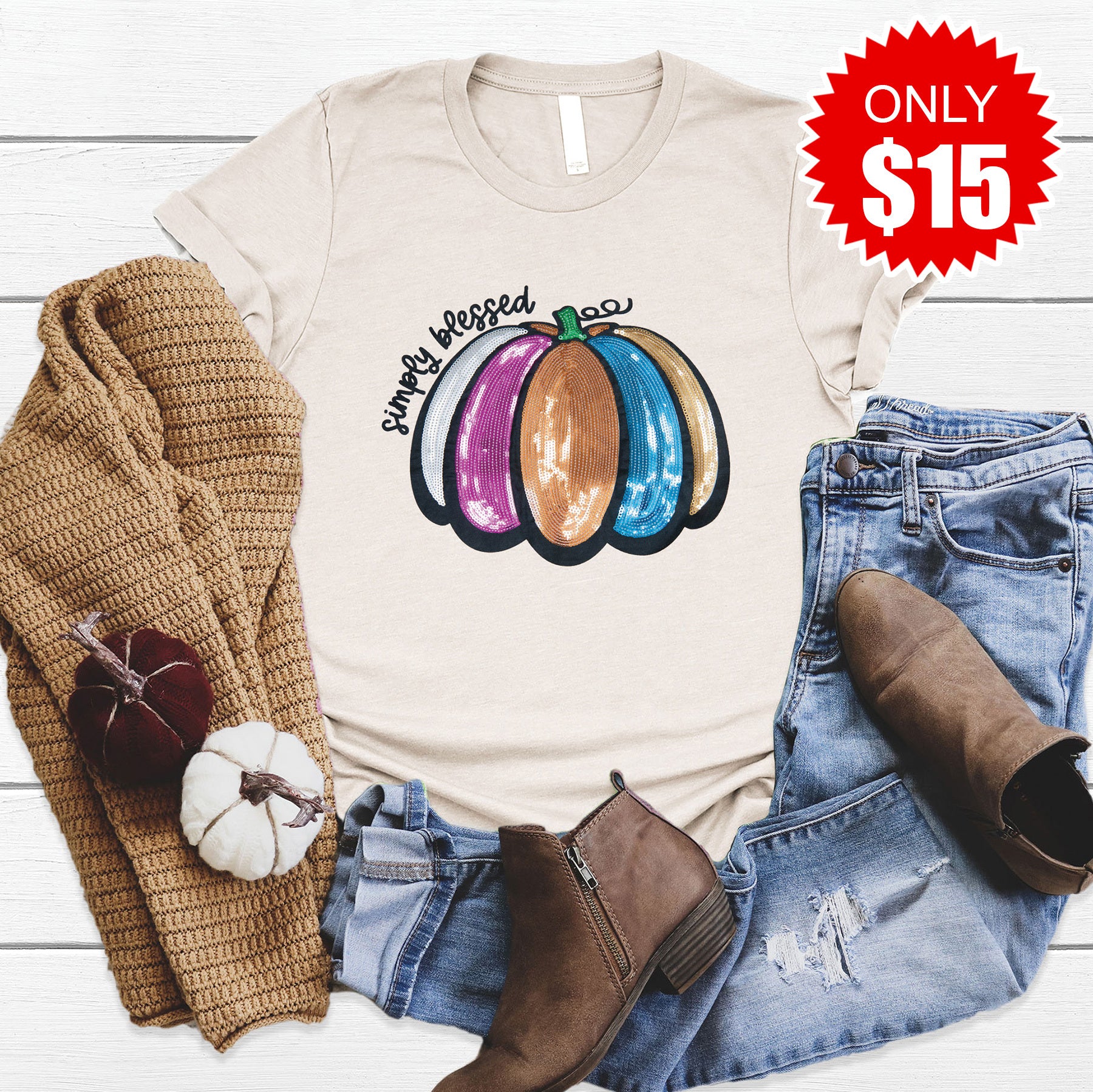 Simply Blessed Pumpkin Sequin Tee - 15