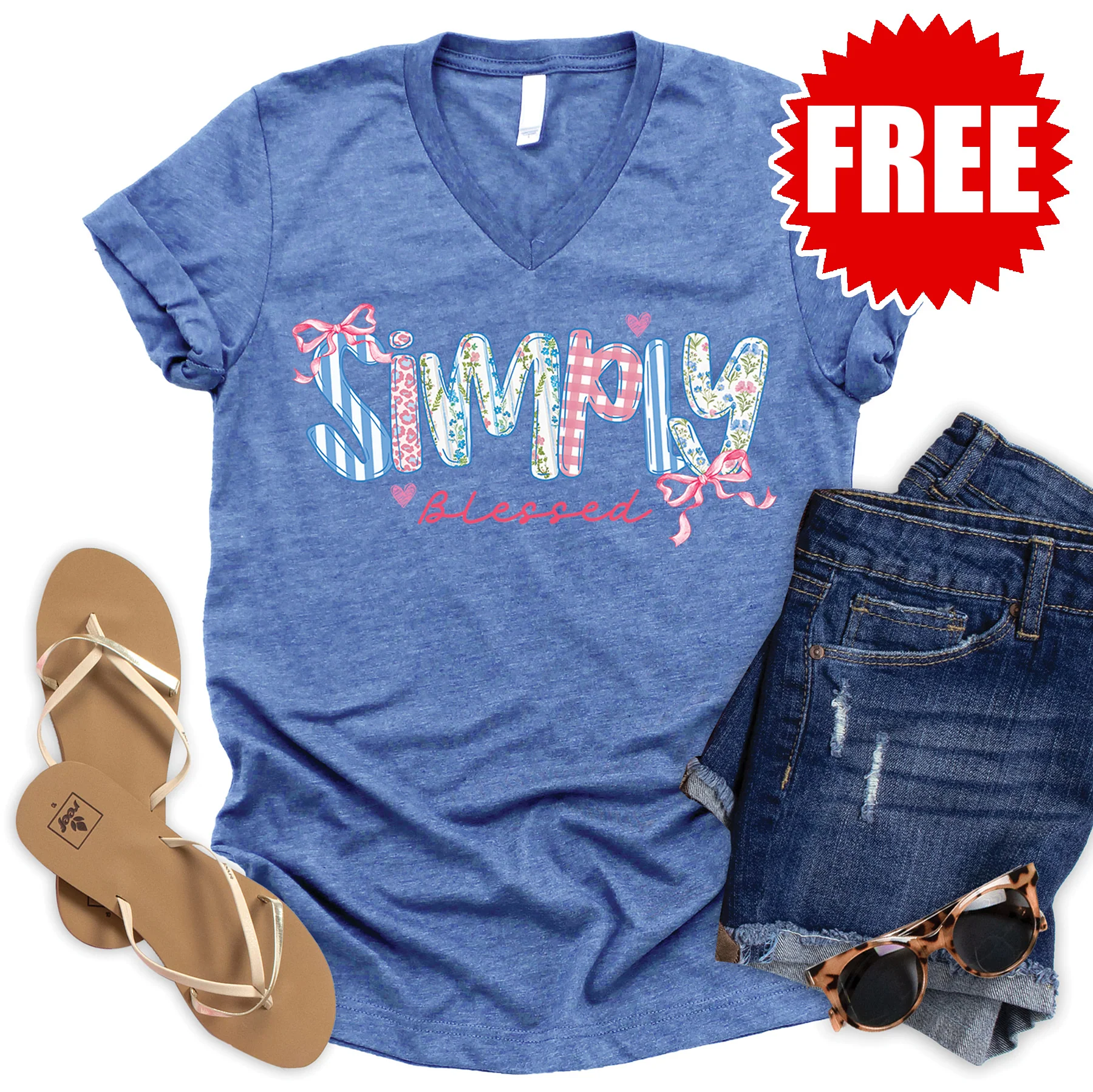 Simply Blessed V-Neck - Heather Royal Blue - 0
